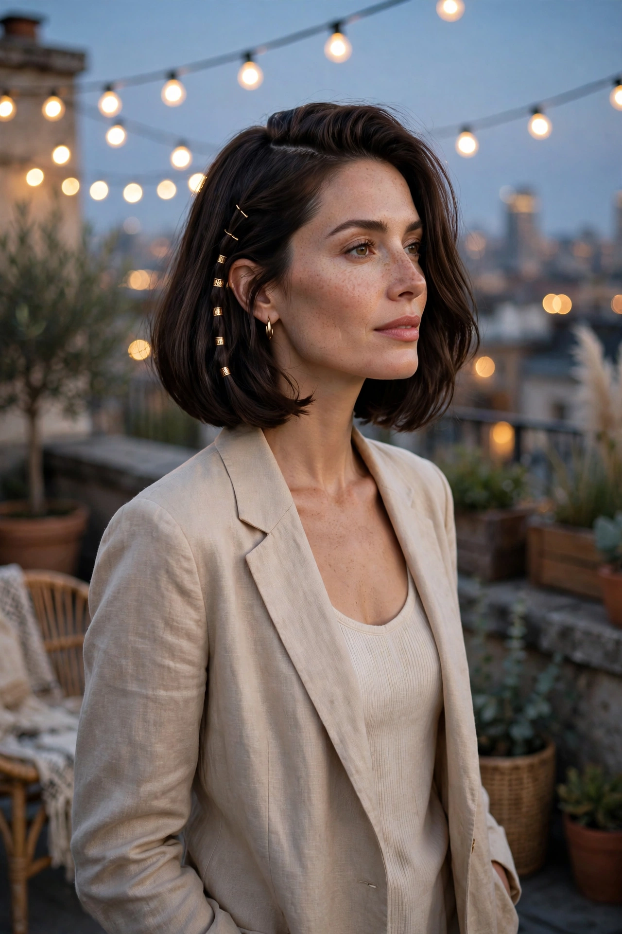 Sleek voluminous boho bob haircut for fine hair with a deep side part and gold hair cuffs at a rooftop dinner