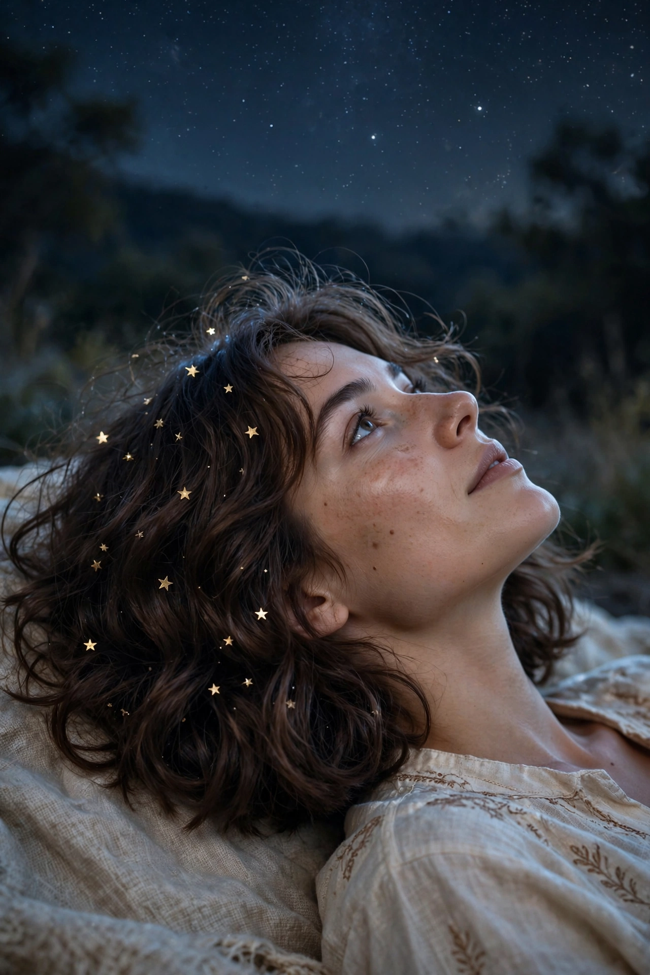Soft wavy boho bob haircut with gentle volume for fine hair decorated with tiny gold star hair pins under a night sky