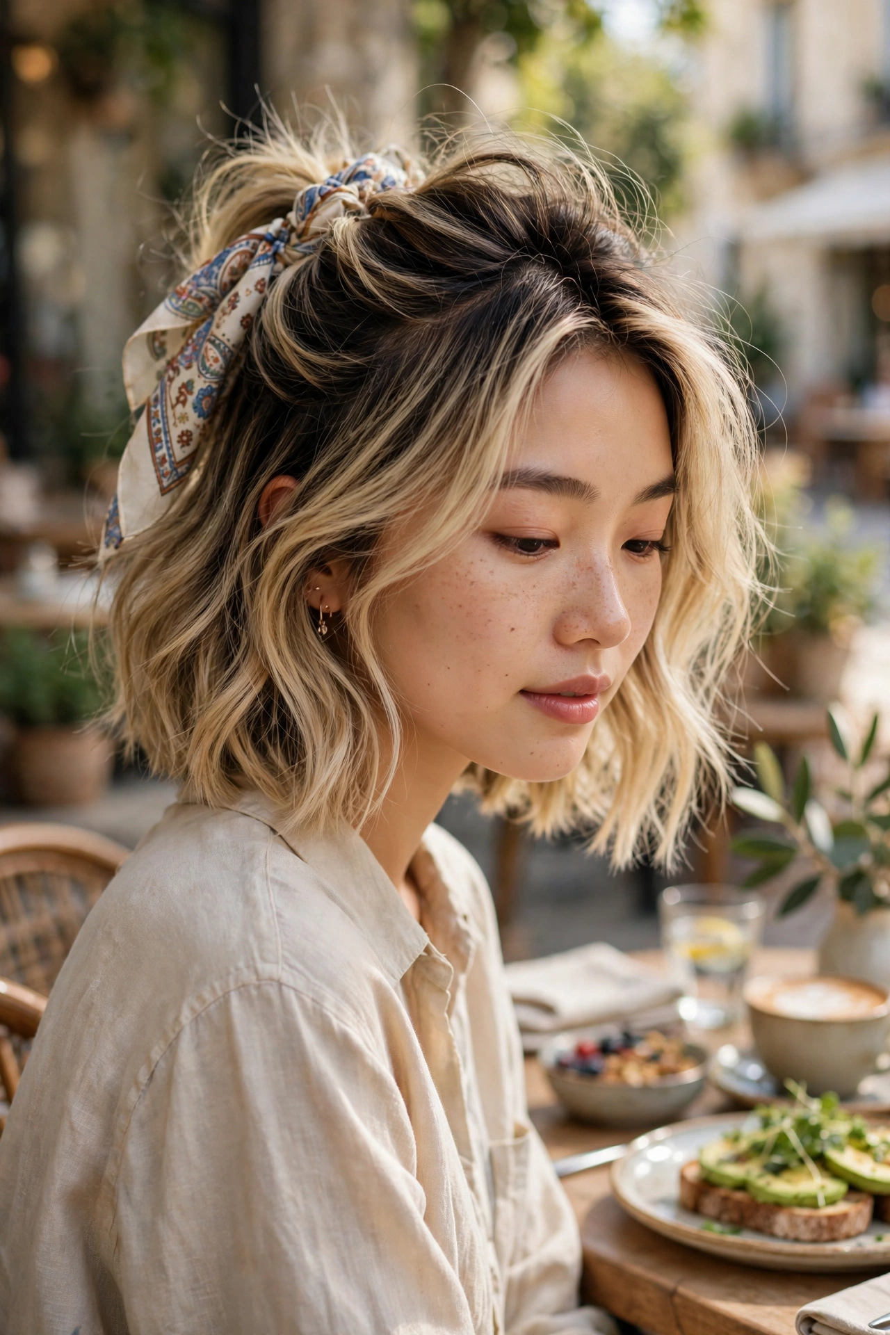 Half-up boho bob haircut for fine hair with volume tied with a printed silk scarf at a sunny brunch