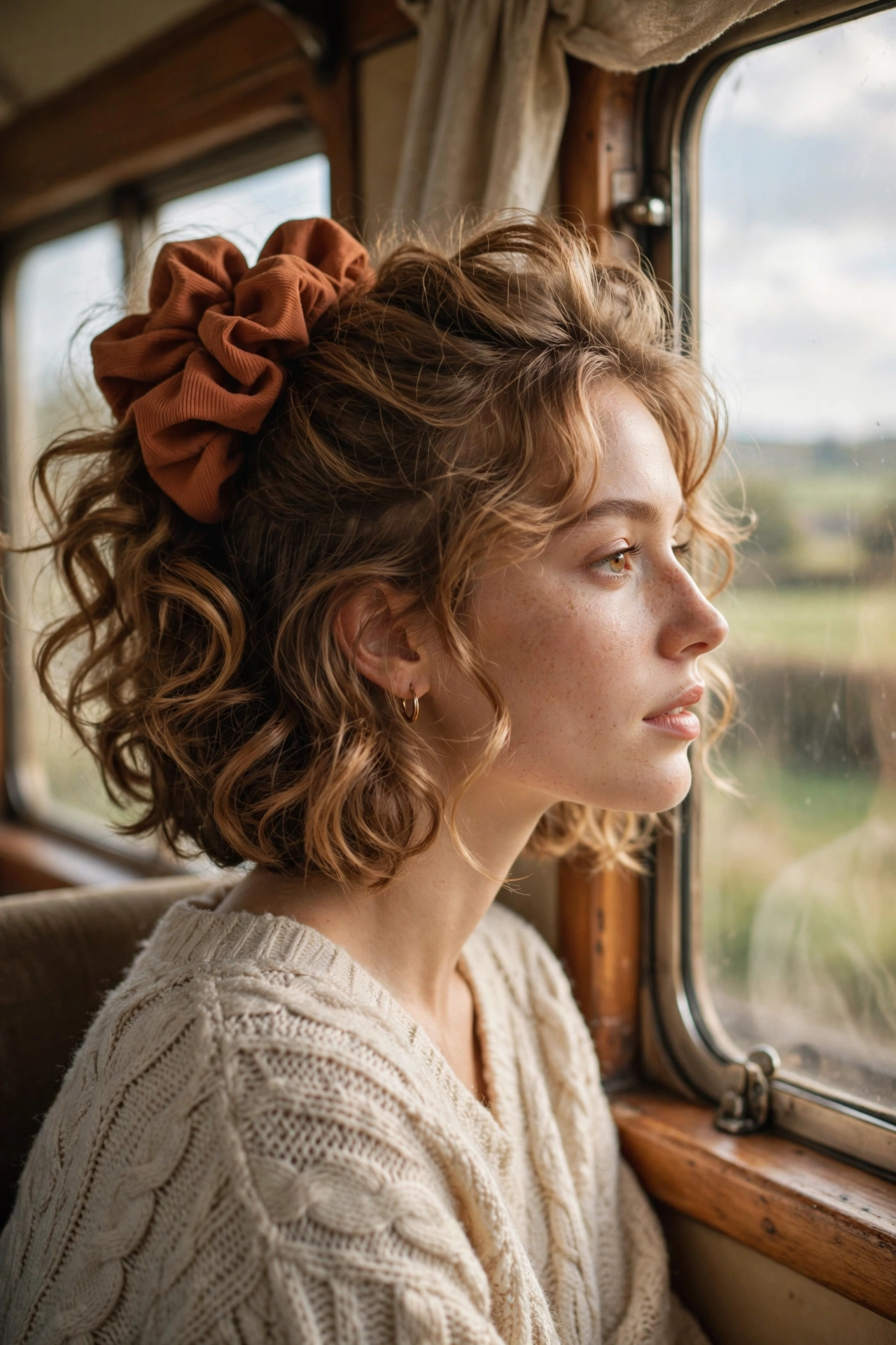 Loose curled boho bob haircut with big root volume for fine hair gathered with an oversized scrunchie by a train window