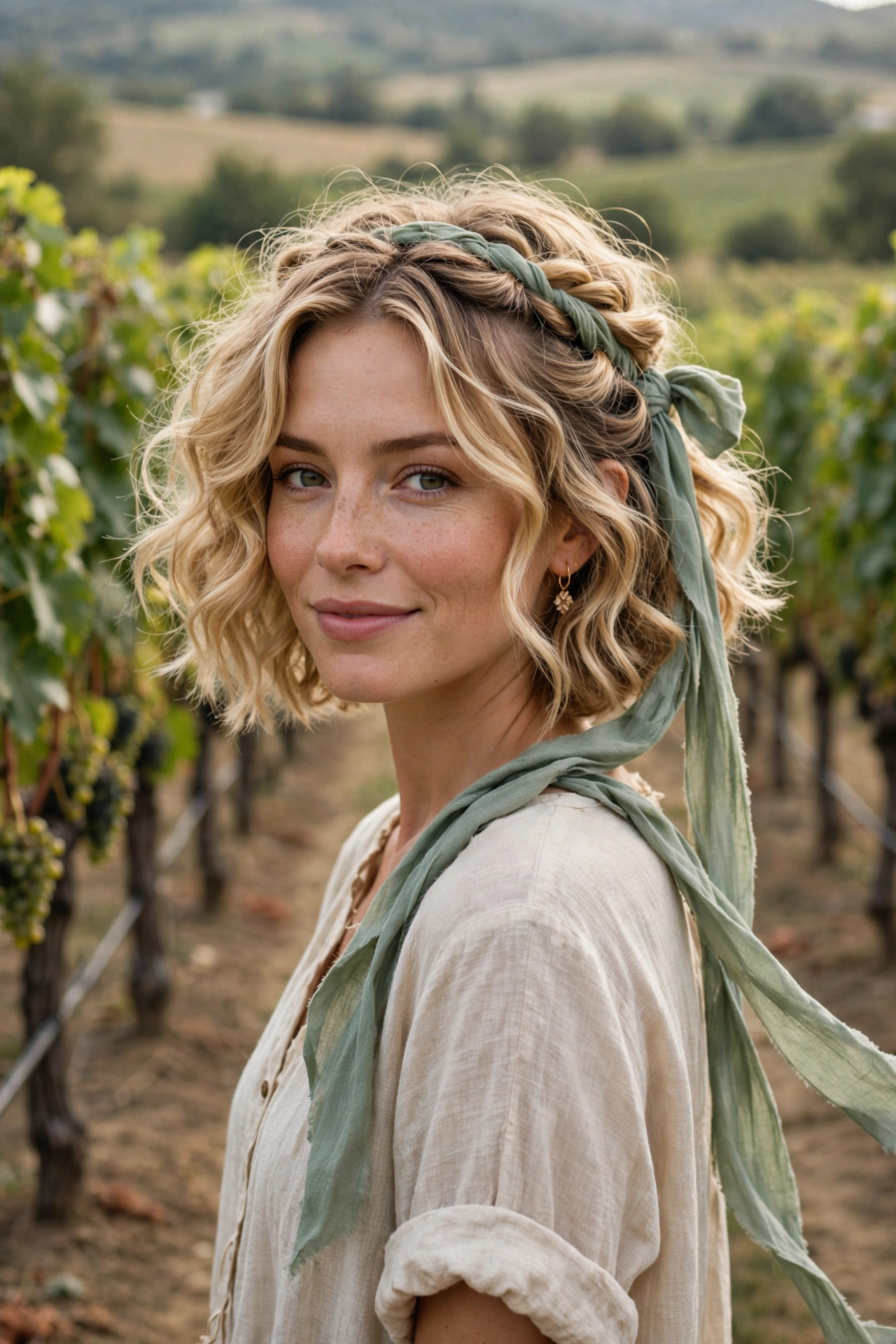 Honey blonde boho bob haircut with volume for fine hair styled in a twisted crown with a flowing ribbon at a vineyard
