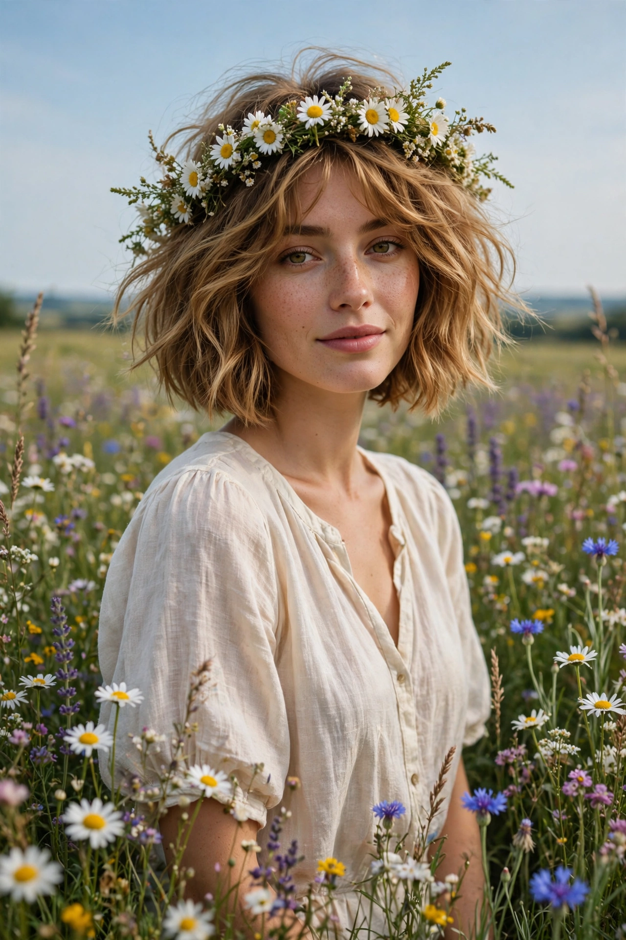 Undone textured boho bob haircut with airy volume for fine hair wearing a daisy chain crown in a wildflower field
