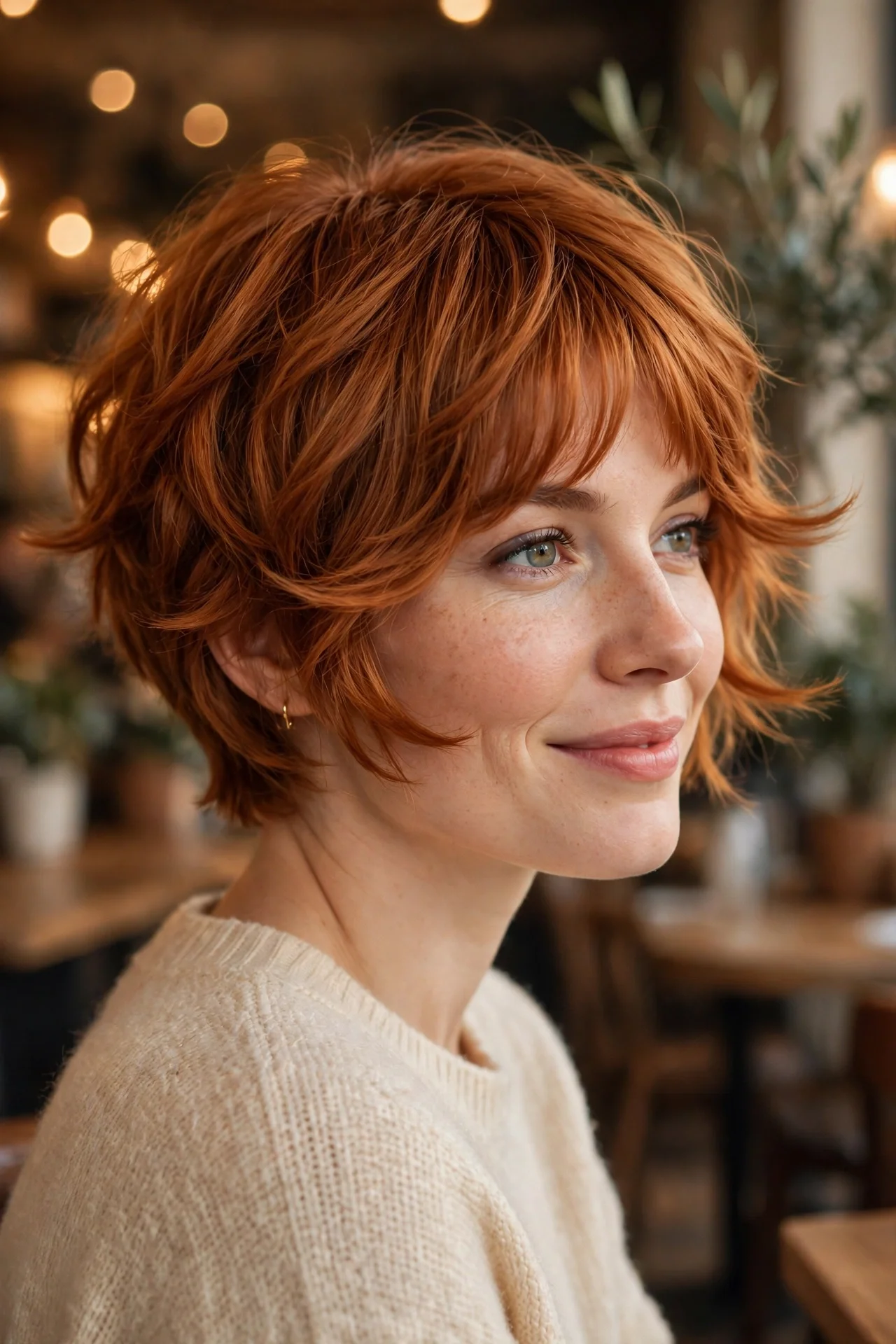Bixie cut with bottleneck bangs on a woman with auburn hair