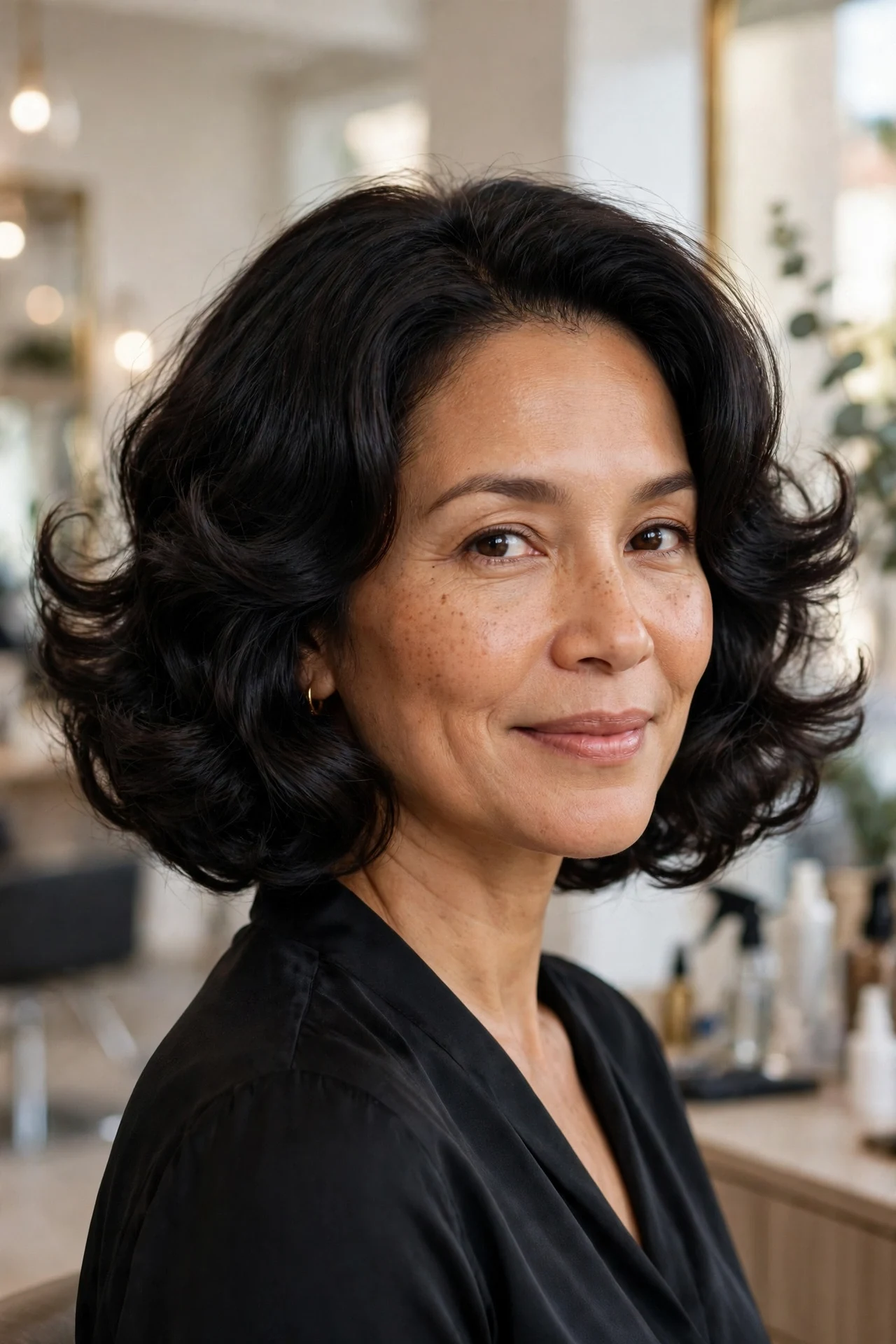Bouncy blowout styled midi haircut with outward flicked ends