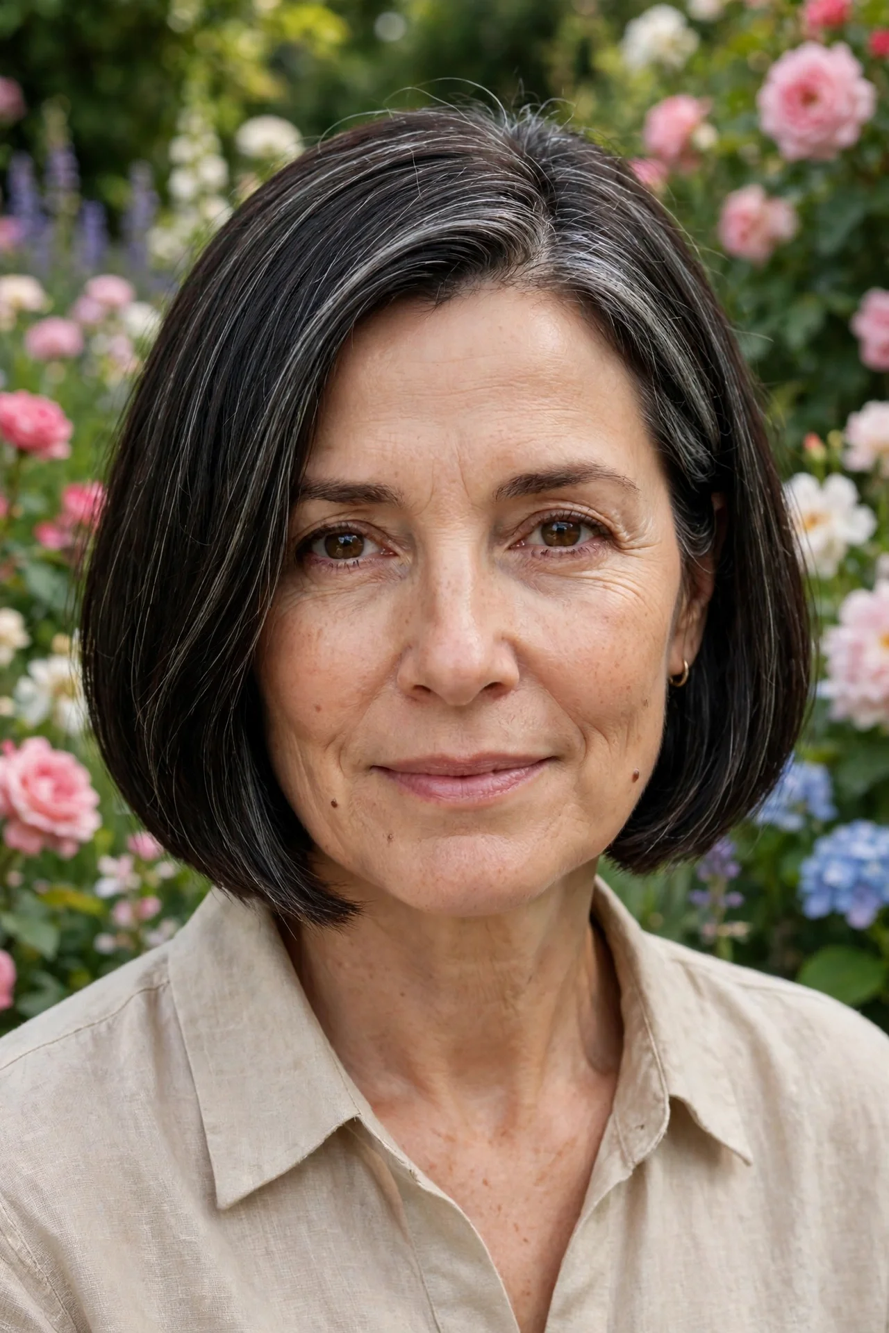 boy bob on a woman over 50 with silver-streaked hair