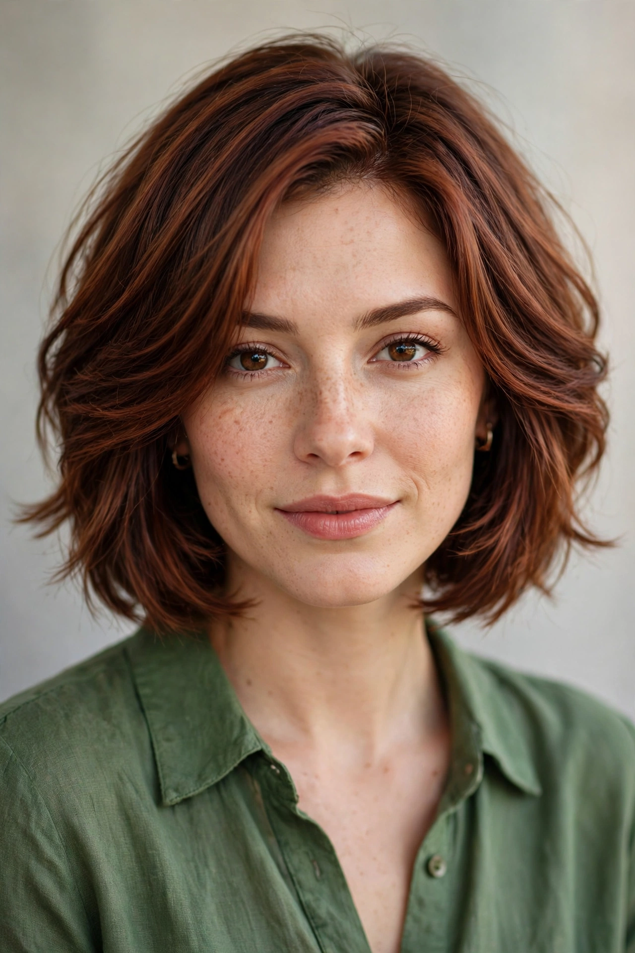 Auburn brown layered bob with warm reddish tones and bouncy layers