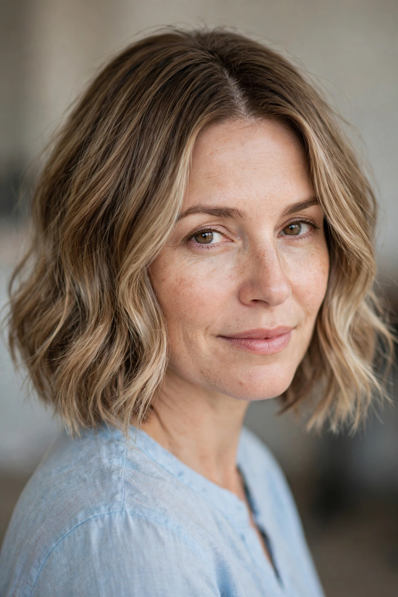 Bronde bob blending brown roots into soft blonde brown ends