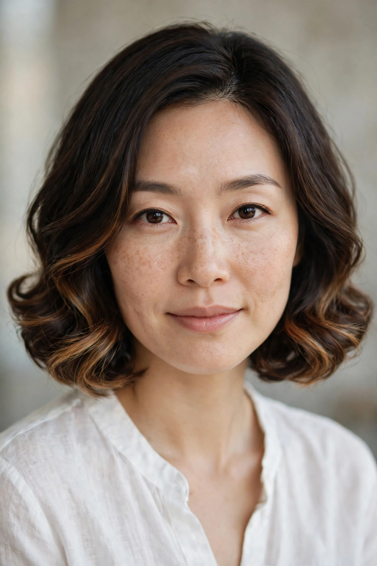 Brunette bob haircut with caramel balayage and softly curled ends