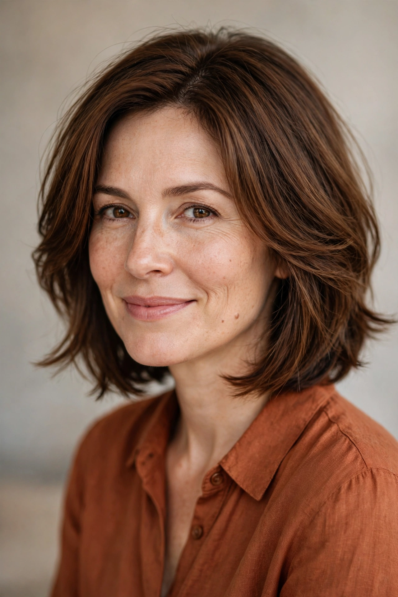 Warm chestnut brown layered bob with soft face framing layers