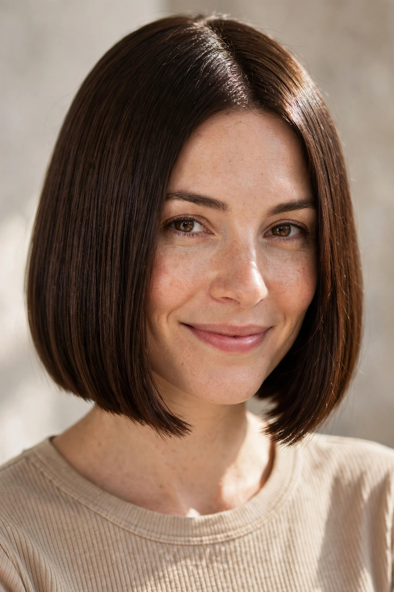 Classic chocolate brown blunt bob haircut with a smooth shiny finish
