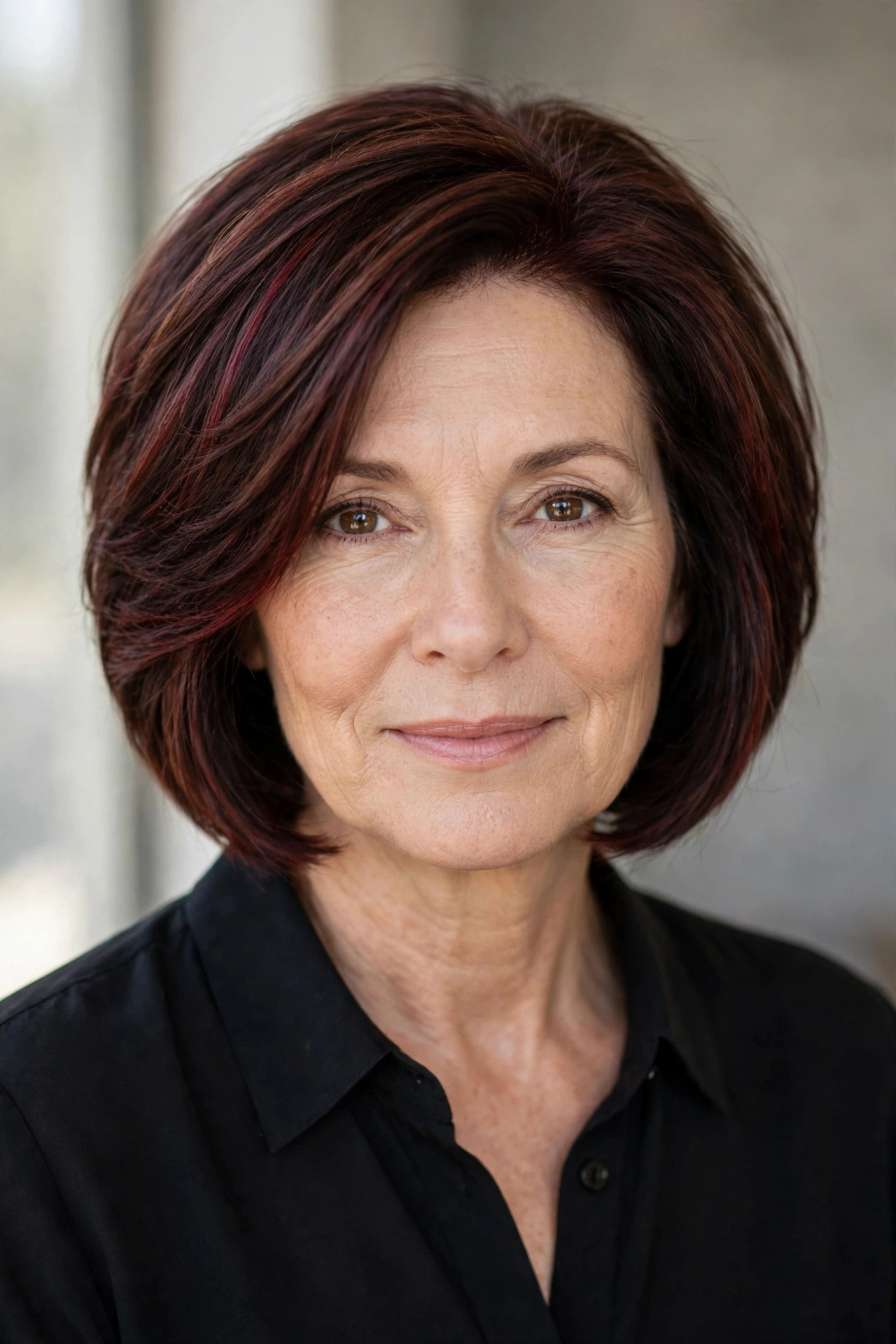 Dark chocolate cherry brown bob with a deep cherry tint and layered finish