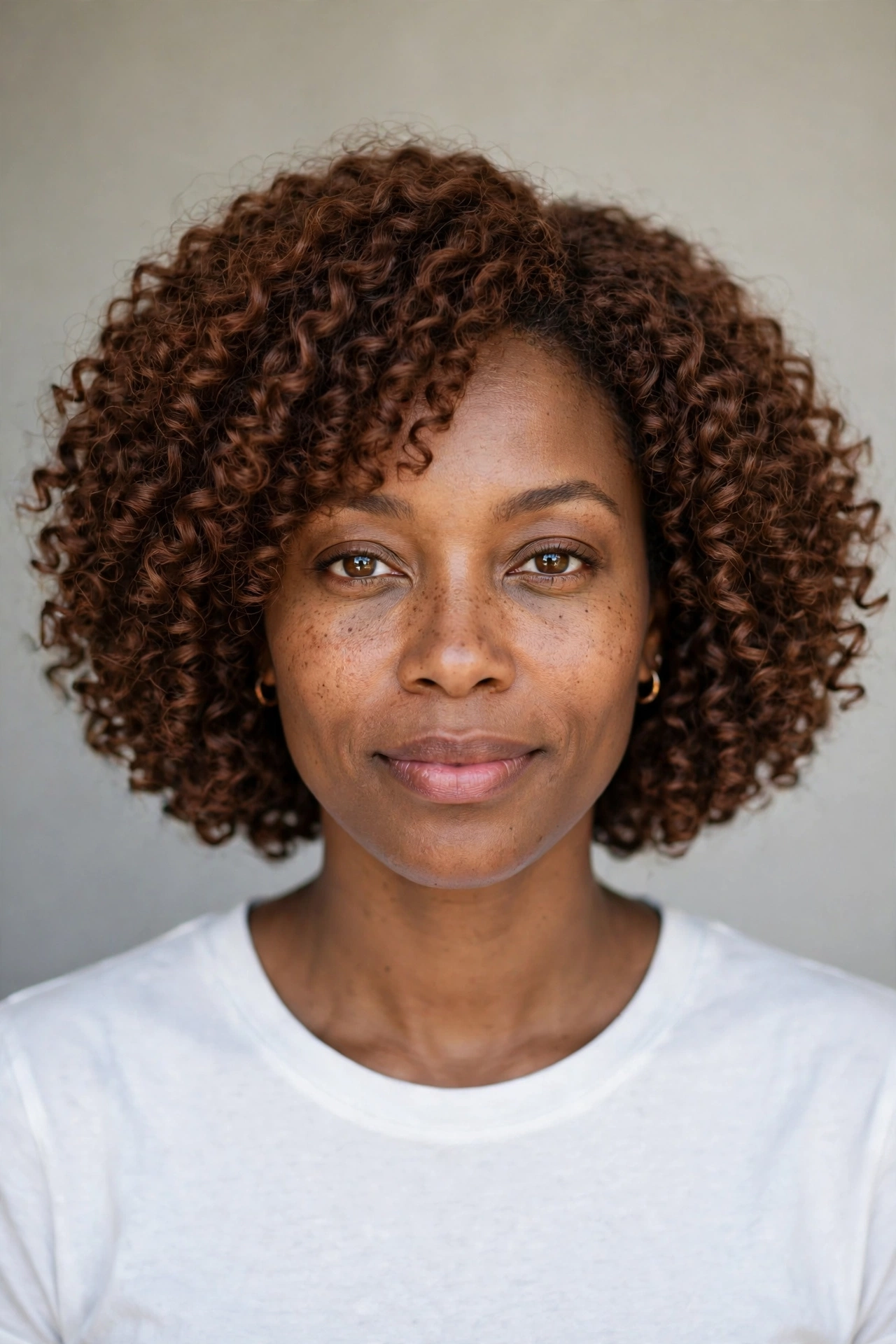 Rich cocoa brown curly bob with defined natural curls and volume