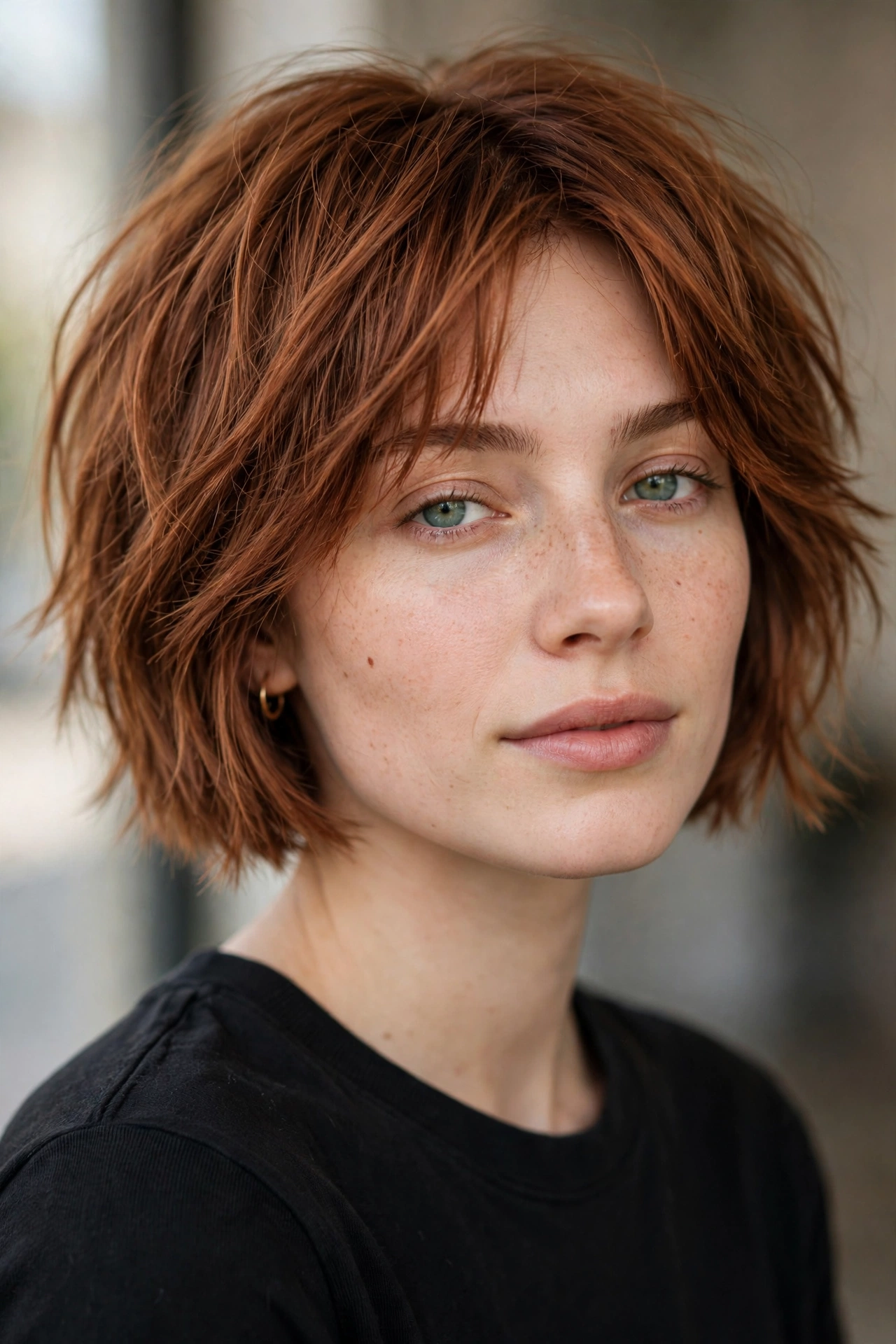 Copper brown textured bob with warm coppery tones and a choppy finish