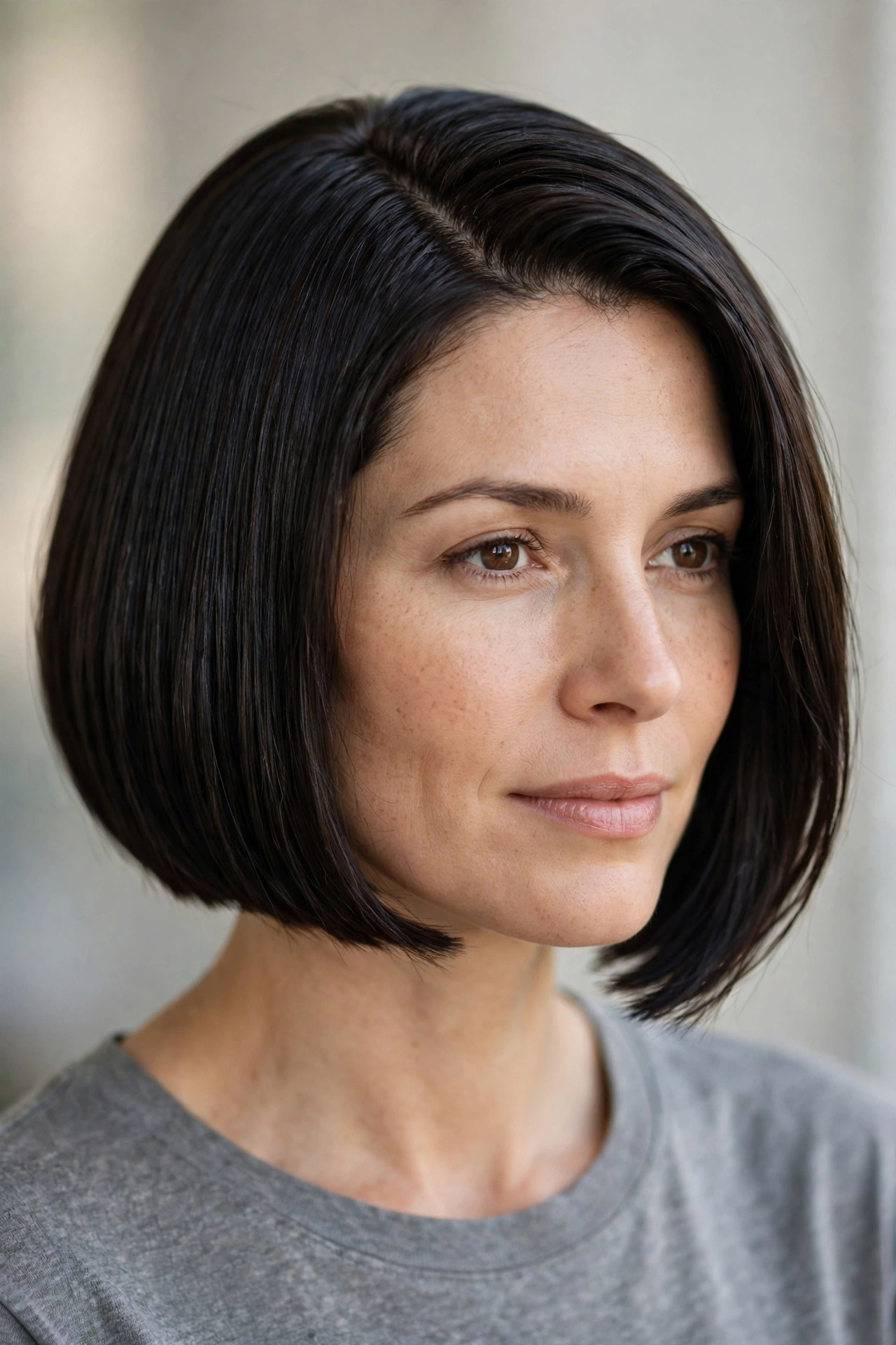 Very dark roast brown glossy bob with a sharp blunt finish