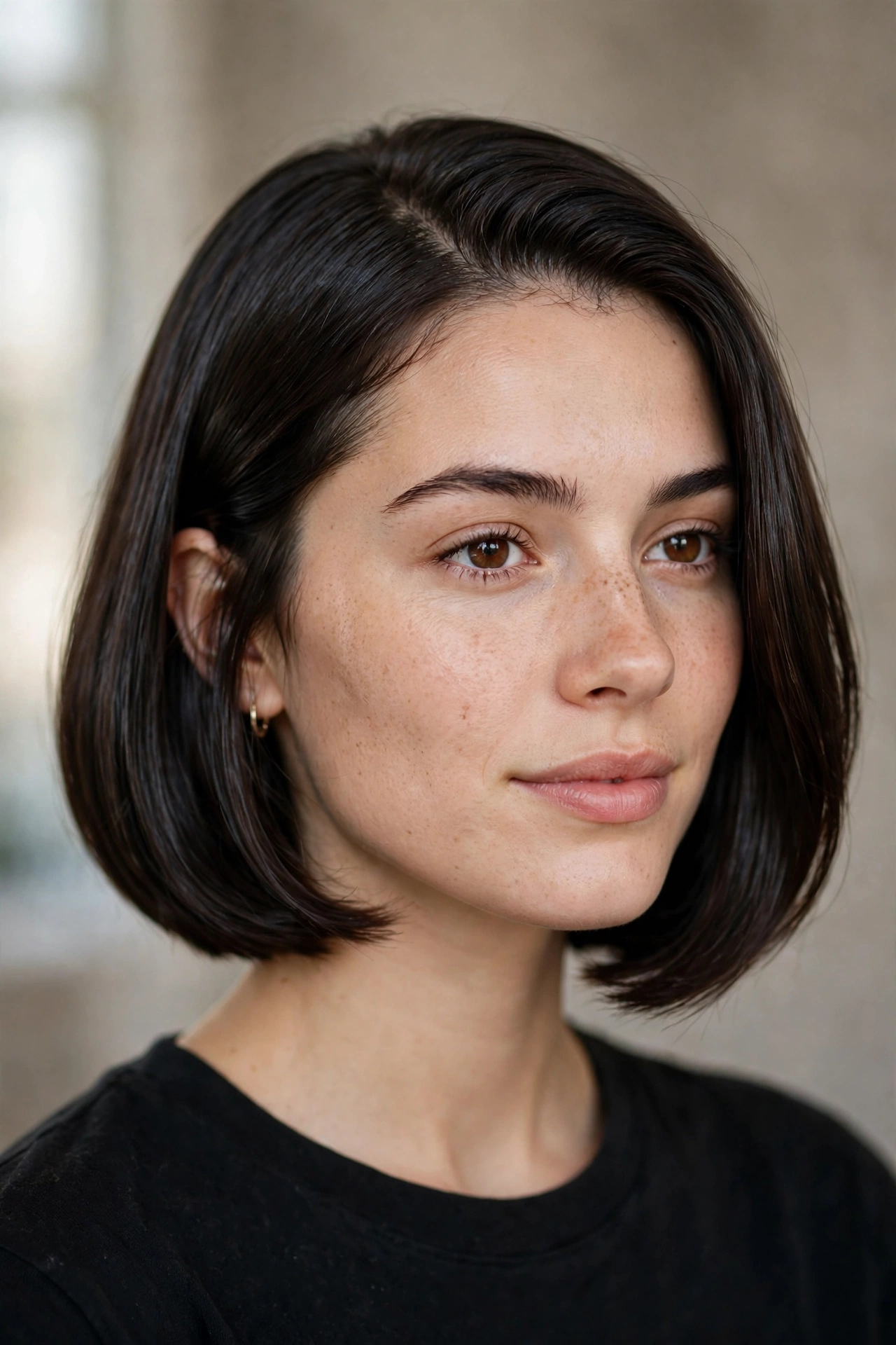 Deep espresso brown sleek bob with a side part and glassy shine