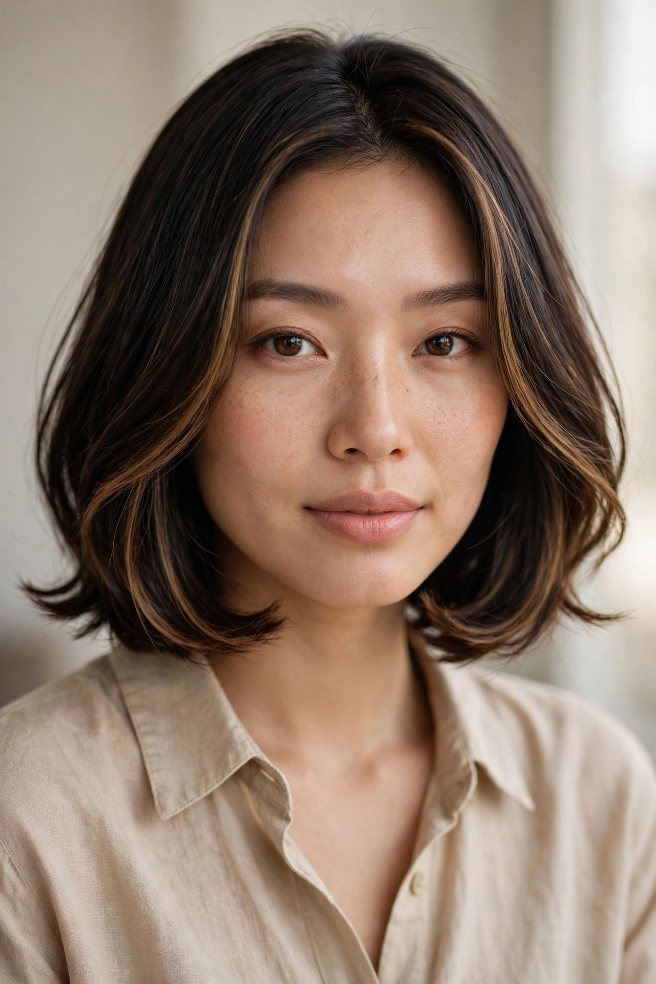 Dark espresso brown bob with face framing caramel highlights