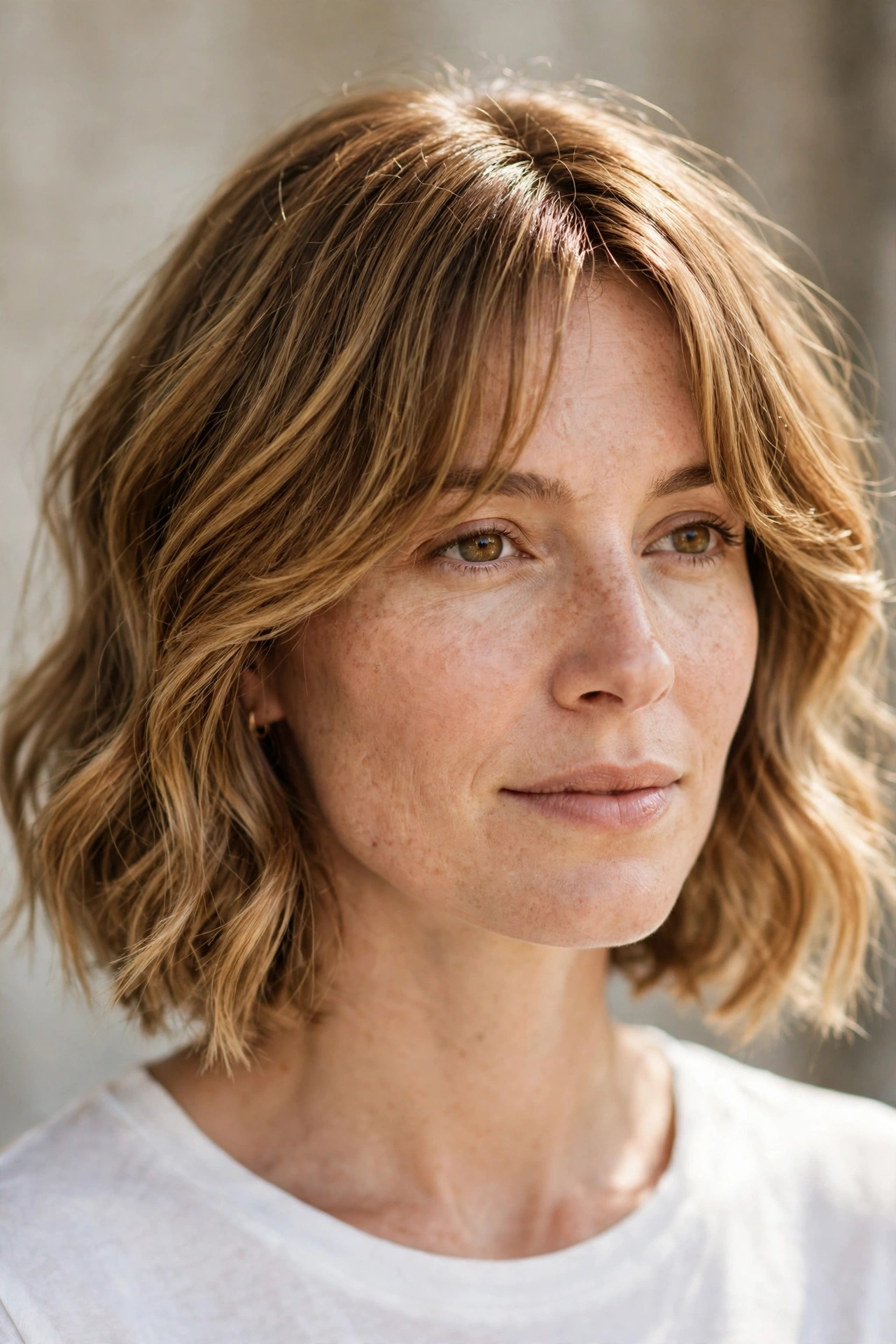 Golden brown bob with soft waves and curtain bangs