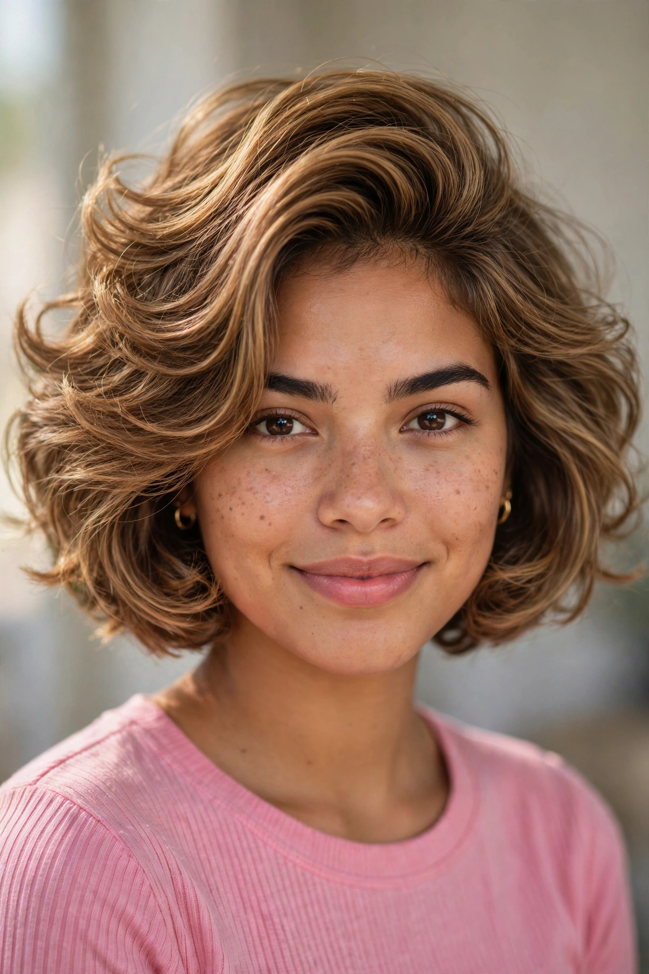 Light hazelnut brown bob with golden highlights and a bouncy blowout