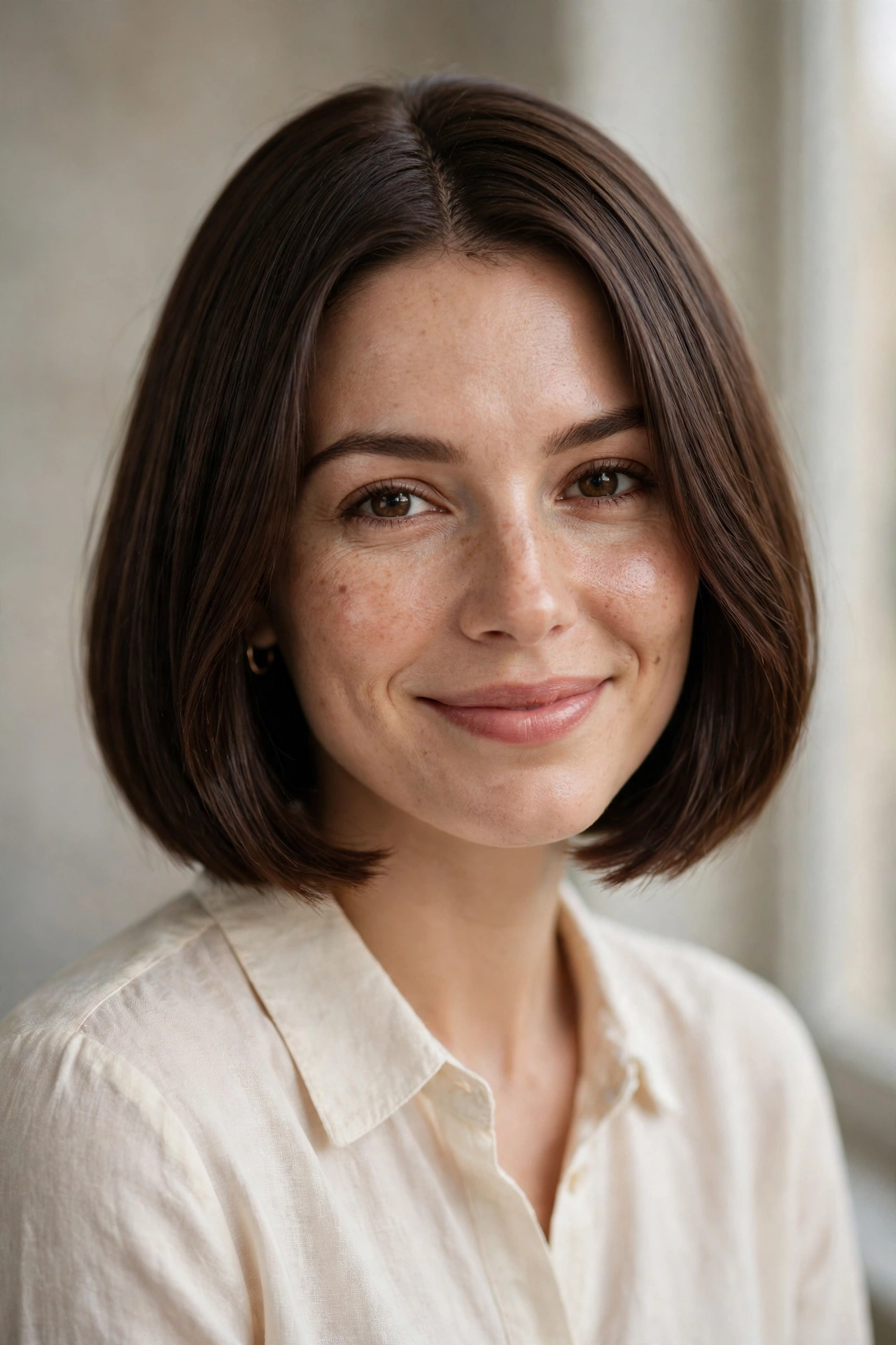 Brunette bob haircut in rich chocolate brown with a sleek blunt finish
