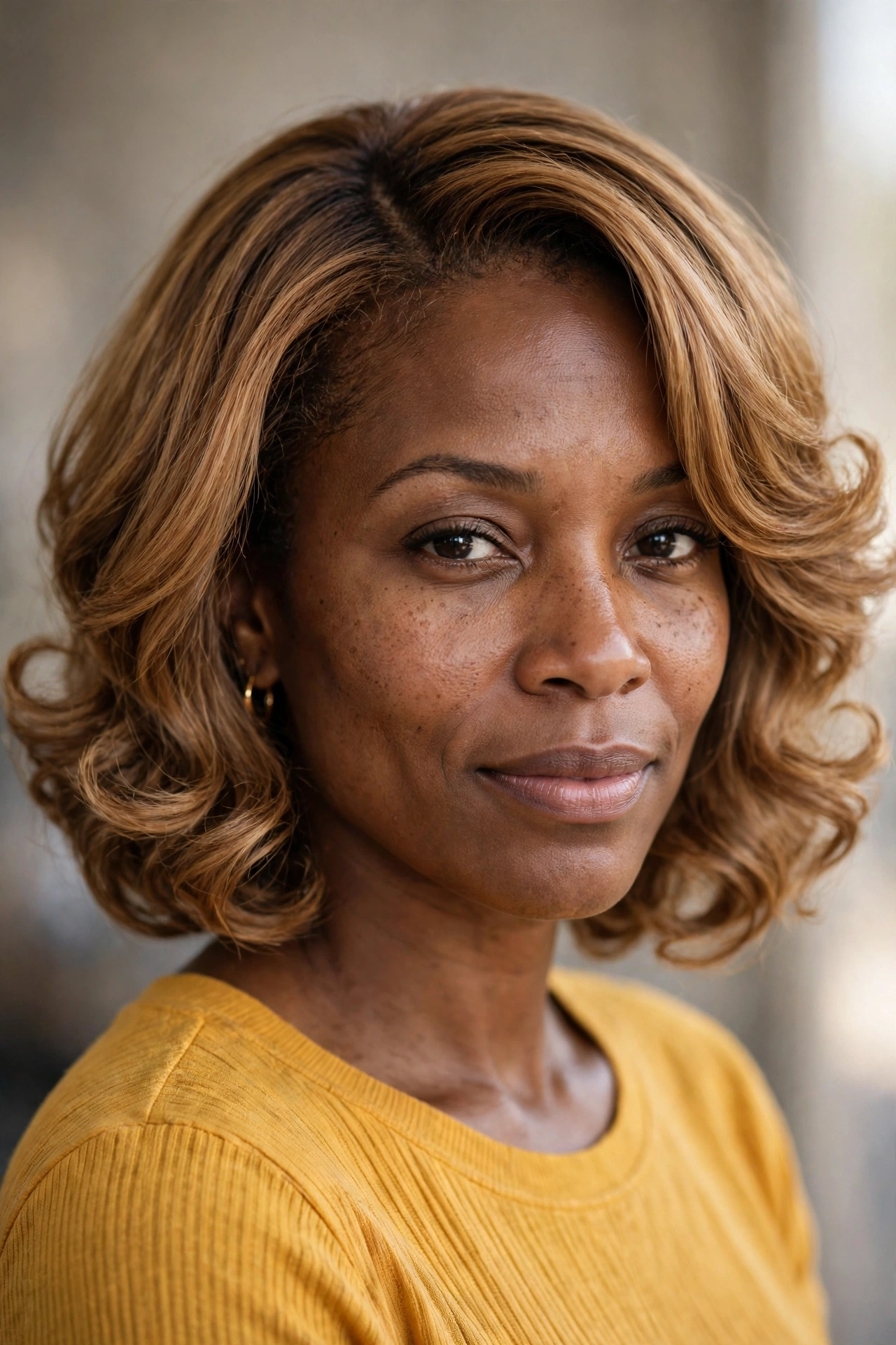 Light honey brown layered bob with soft curls at the ends