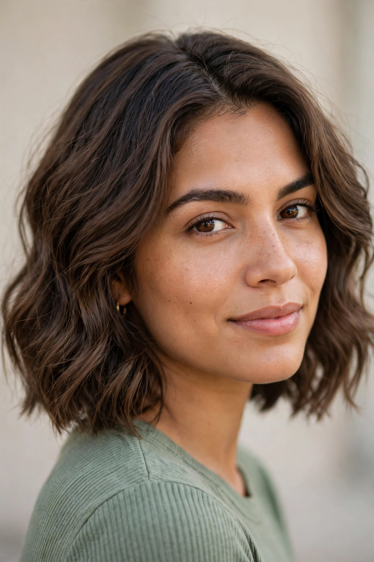 Mocha brown wavy bob with loose waves and a side part