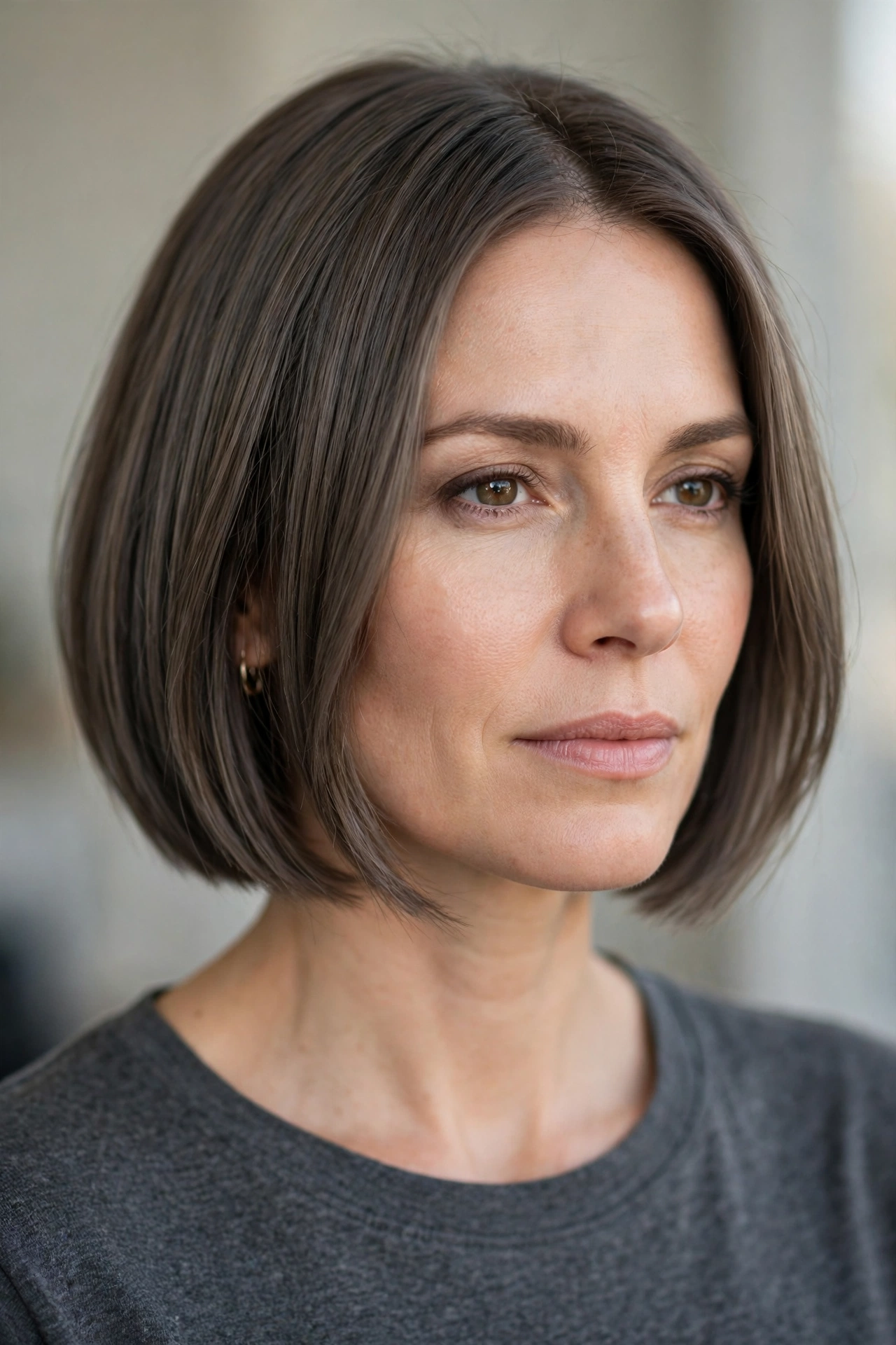 Smoky cool brown bob with a muted matte finish and straight ends