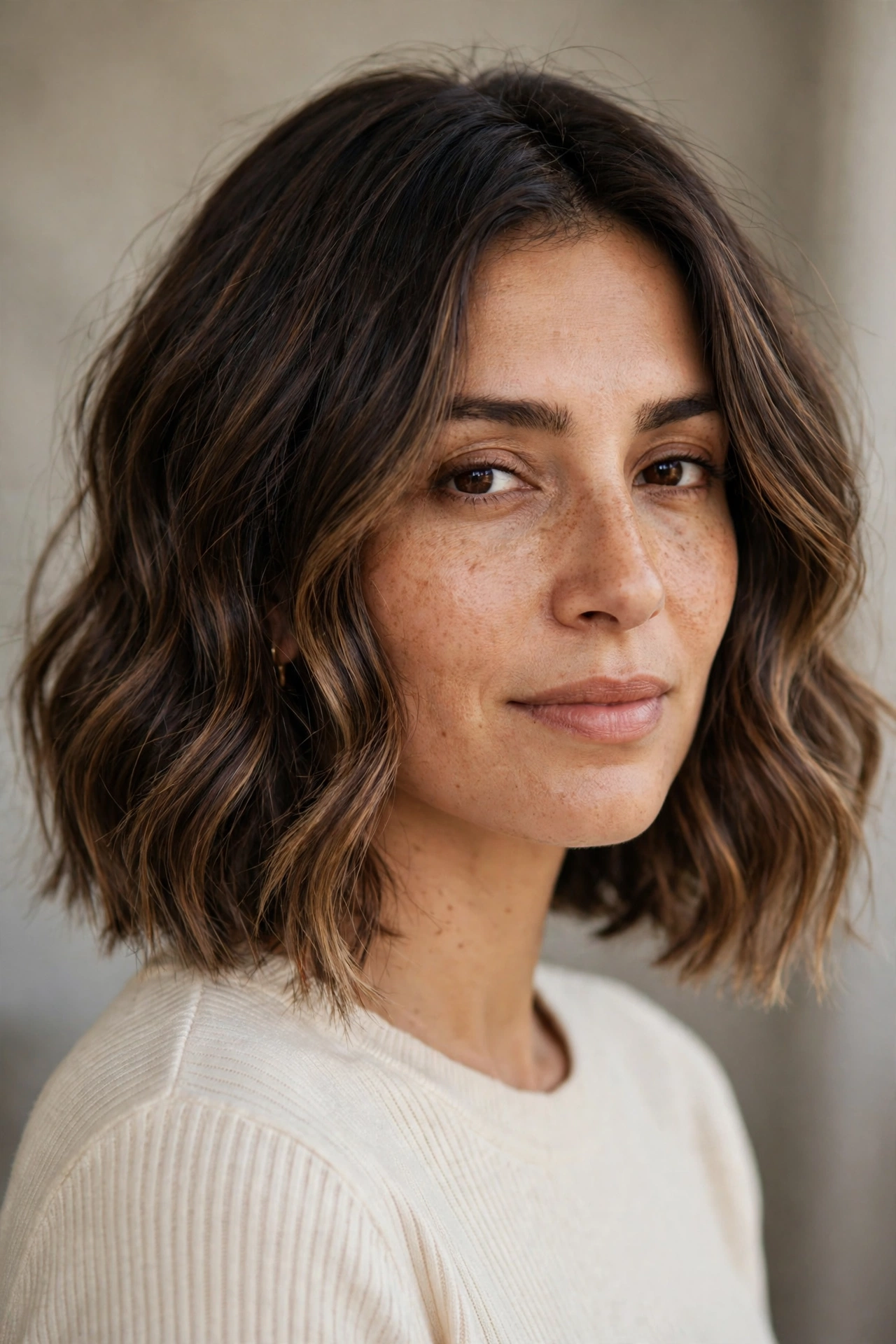 Dark brown bob with soft toffee balayage ribbons through the mid lengths