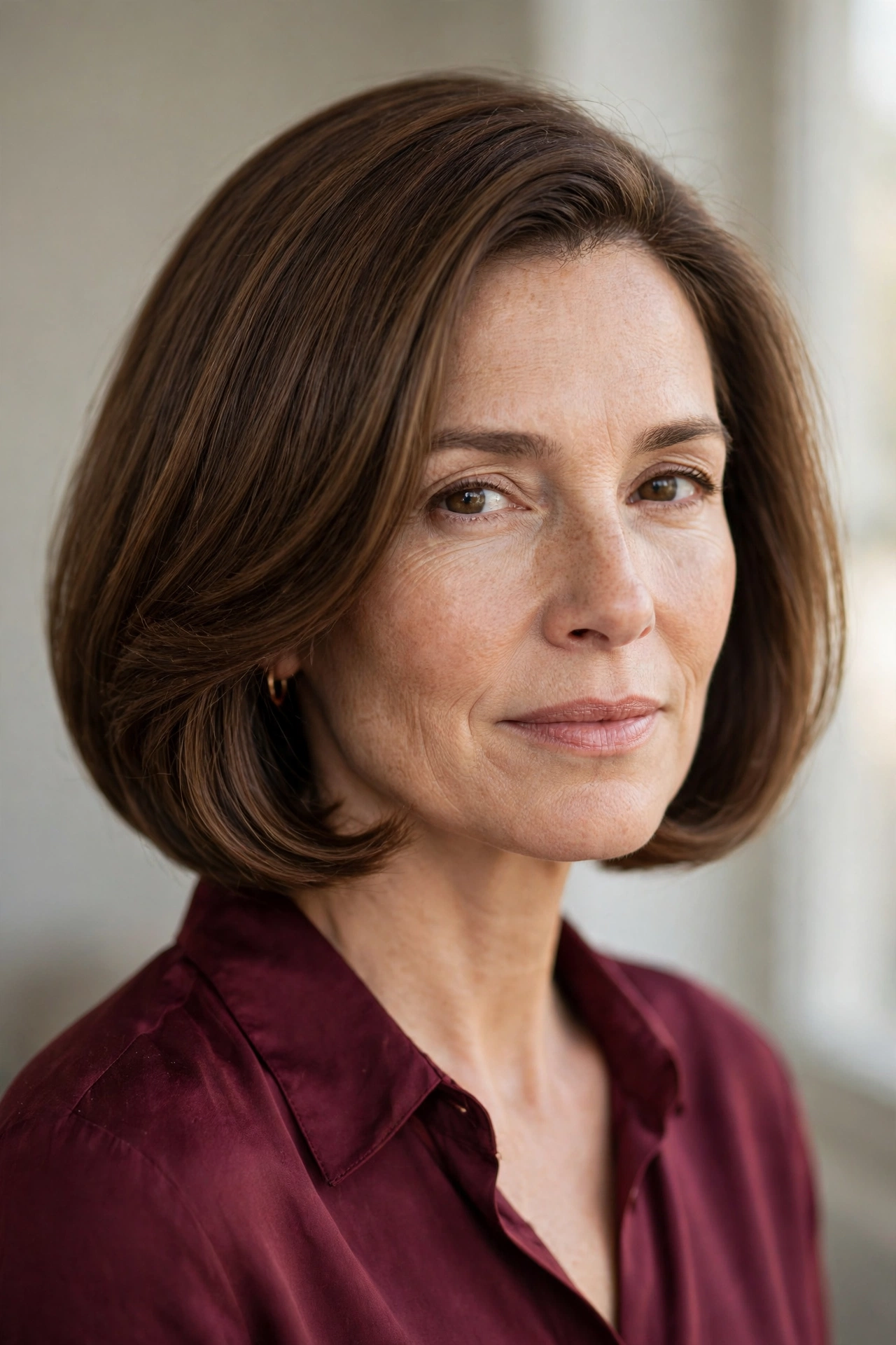 Medium walnut brown bob with a smooth blowout and inward curved ends