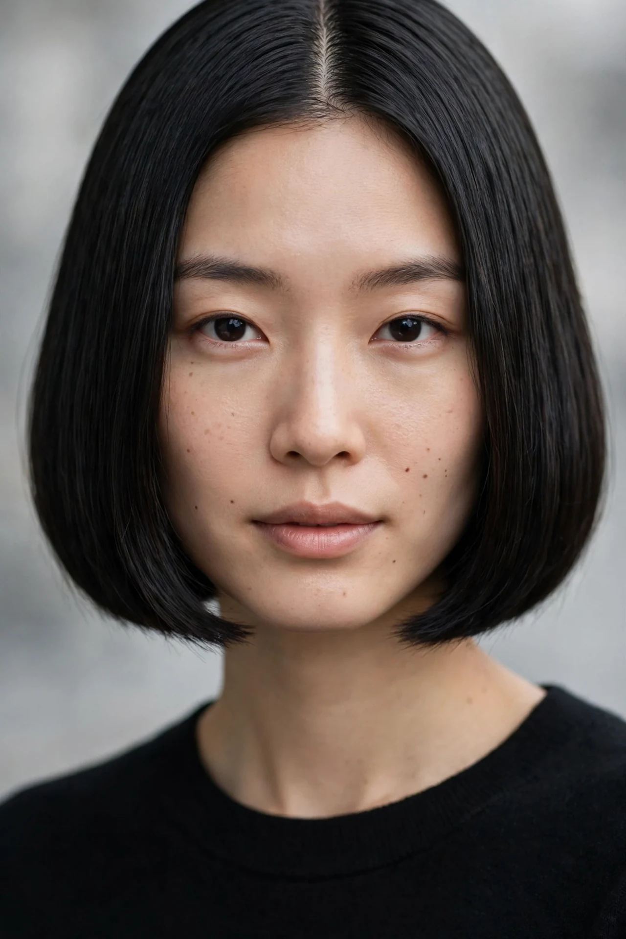 Classic bob with a precise center part, sleek black hair
