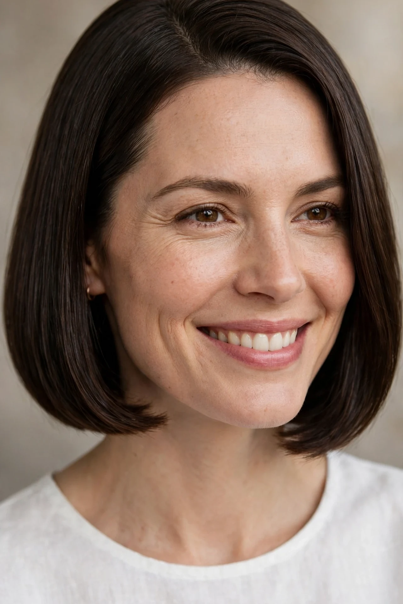 Timeless classic bob haircut, sleek one-length chin bob on a smiling woman