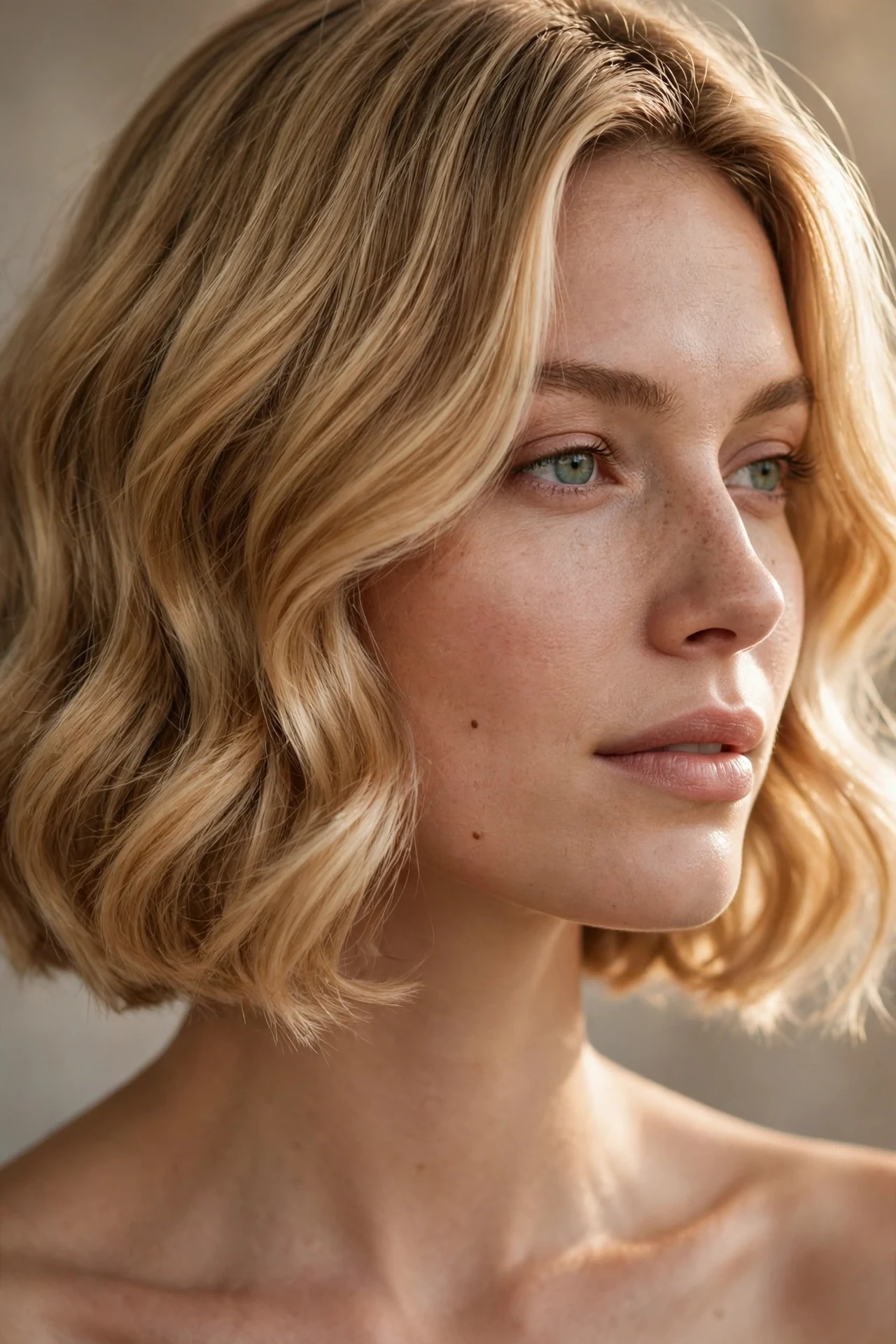 Honey blonde classic bob with warm dimension