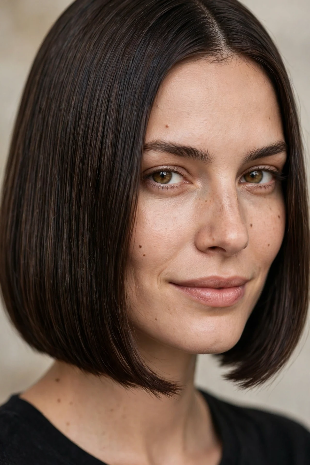 Classic bob with one length all around, glossy dark brown hair
