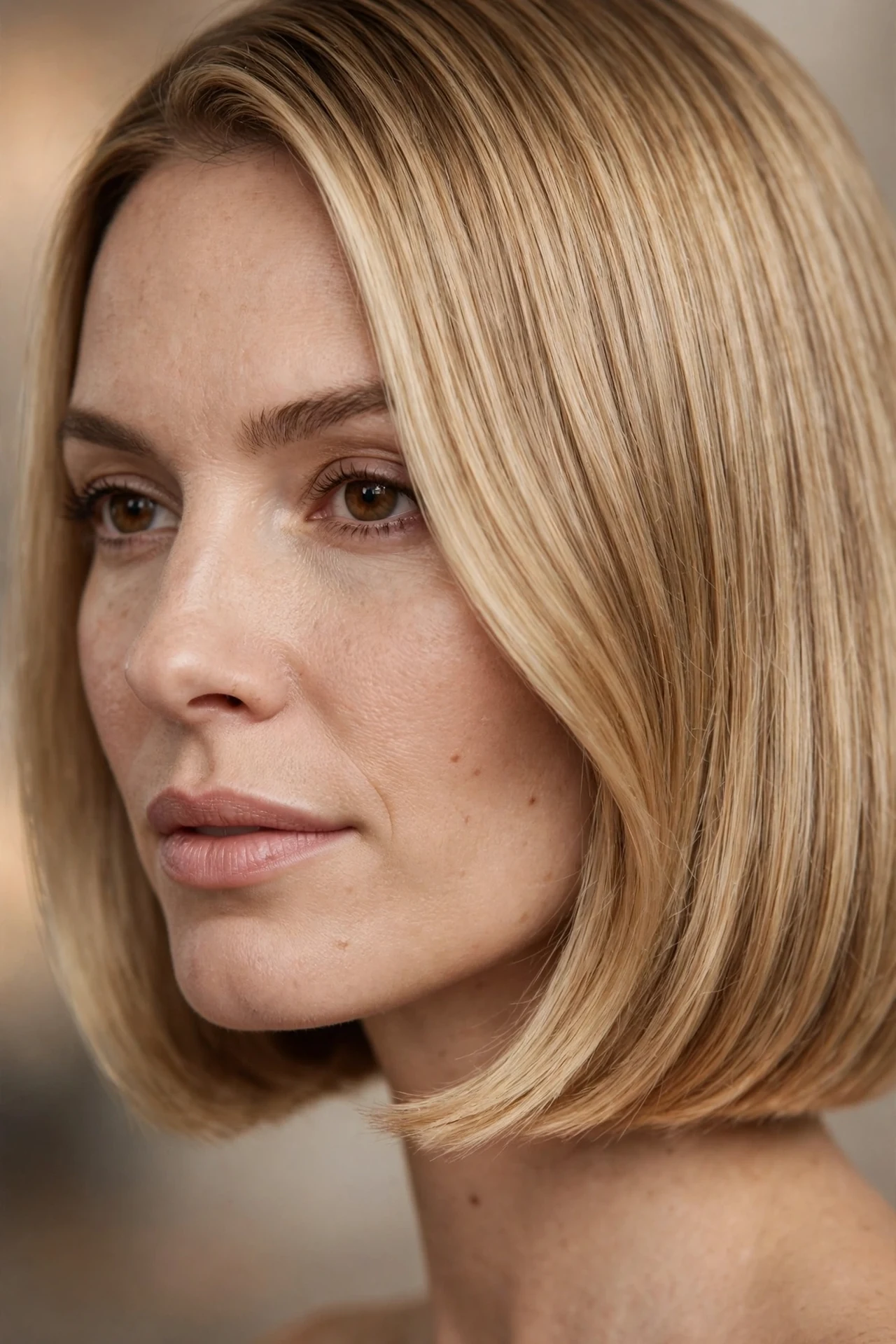 Classic bob with a soft side part, honey blonde hair