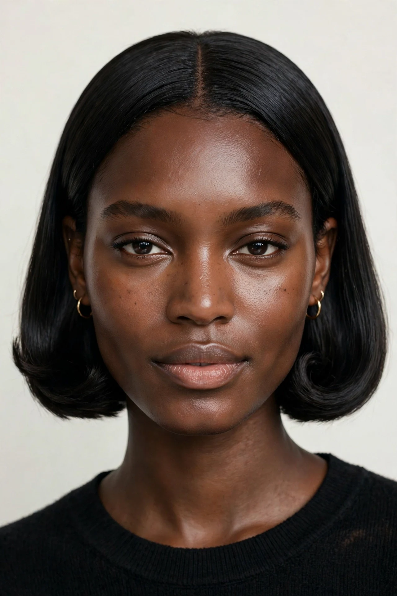 Center-part Italian cut with symmetrical curved ends on a Black woman in her 20s