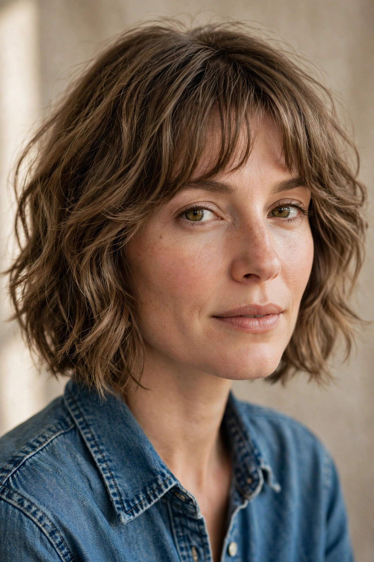 Cowgirl bob haircut with lived-in waves and curtain fringe
