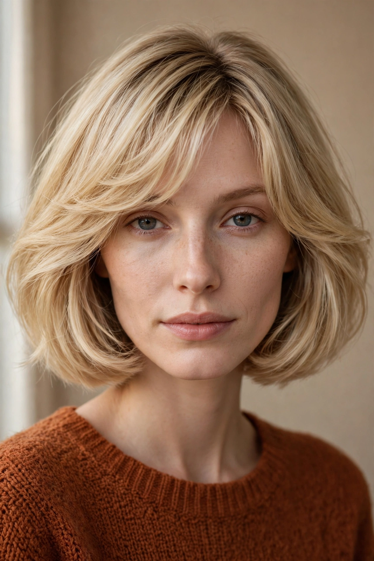 Cowgirl bob for a long face with side swept fringe and width