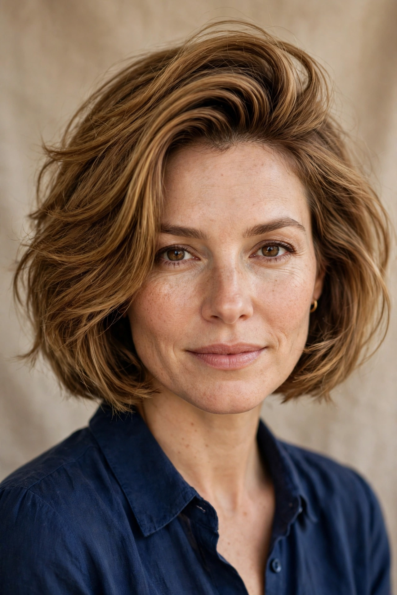 Cowgirl bob with a deep side part and lifted roots