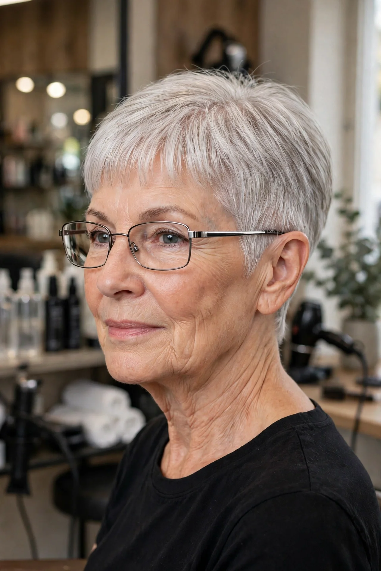 Woman in her 60s with glasses wearing a bixie haircut over 50, chin-length silver style