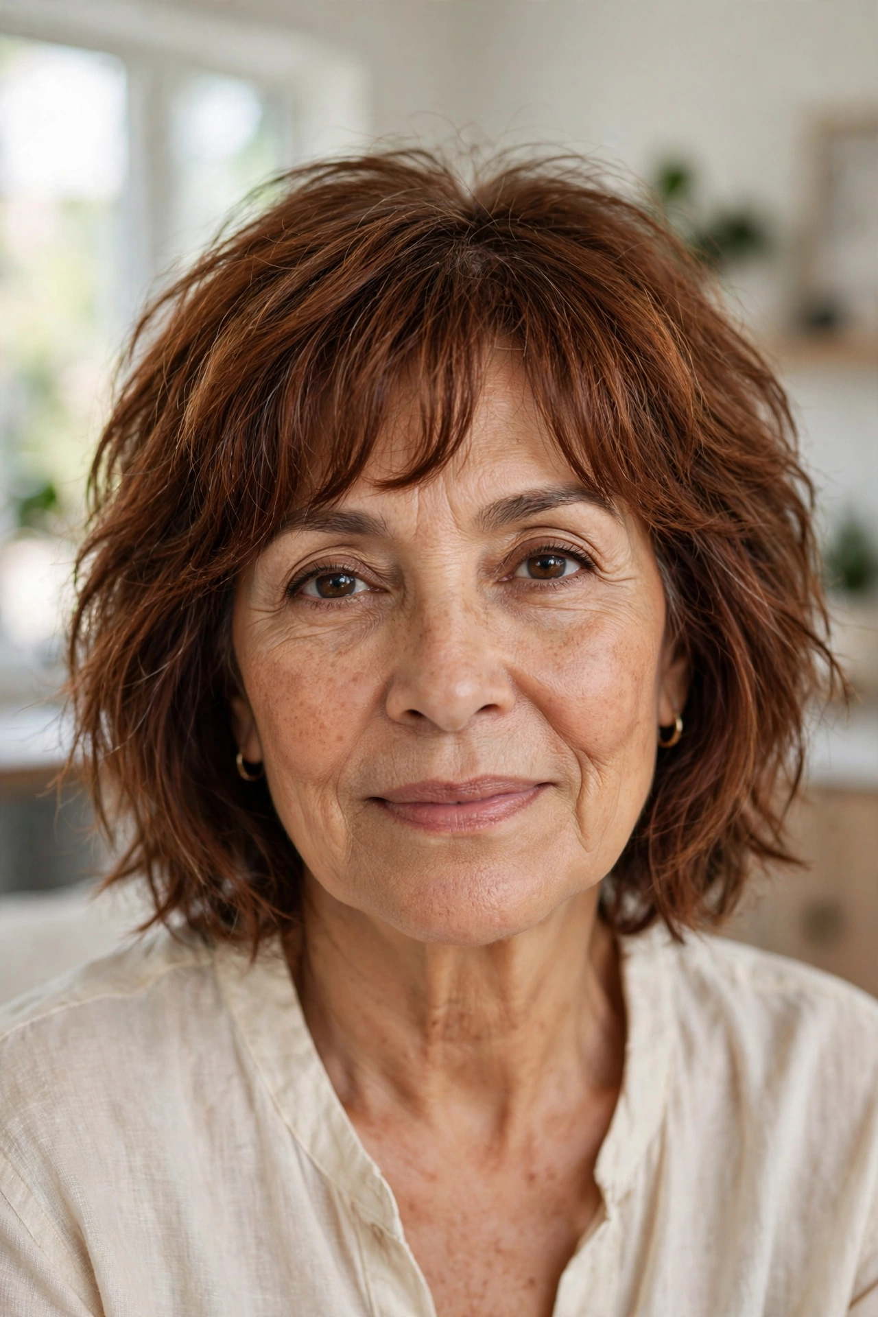 choppy bob with arched bangs for women over 50