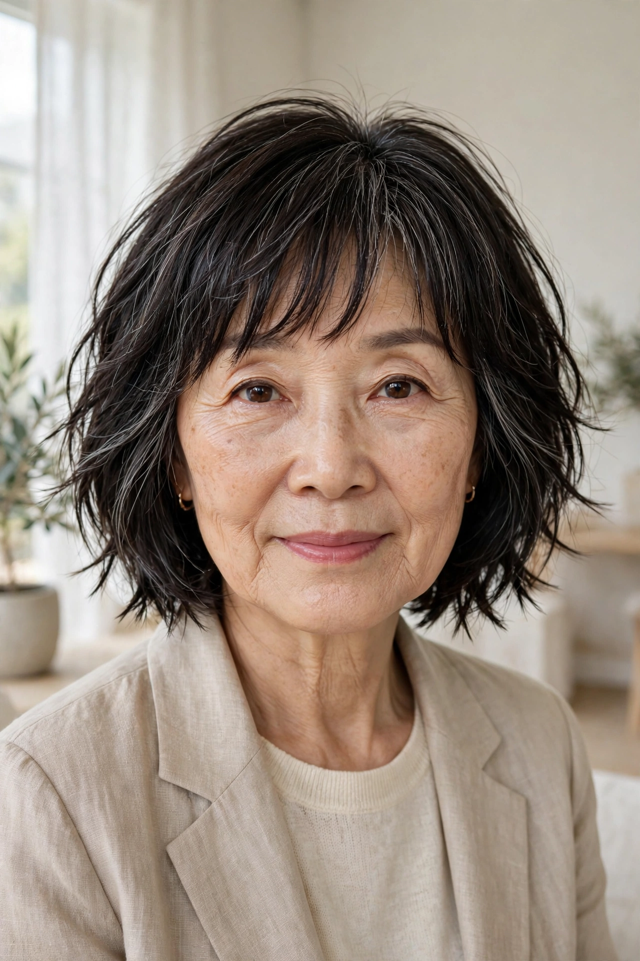 choppy bob with feathered bangs for women over 50