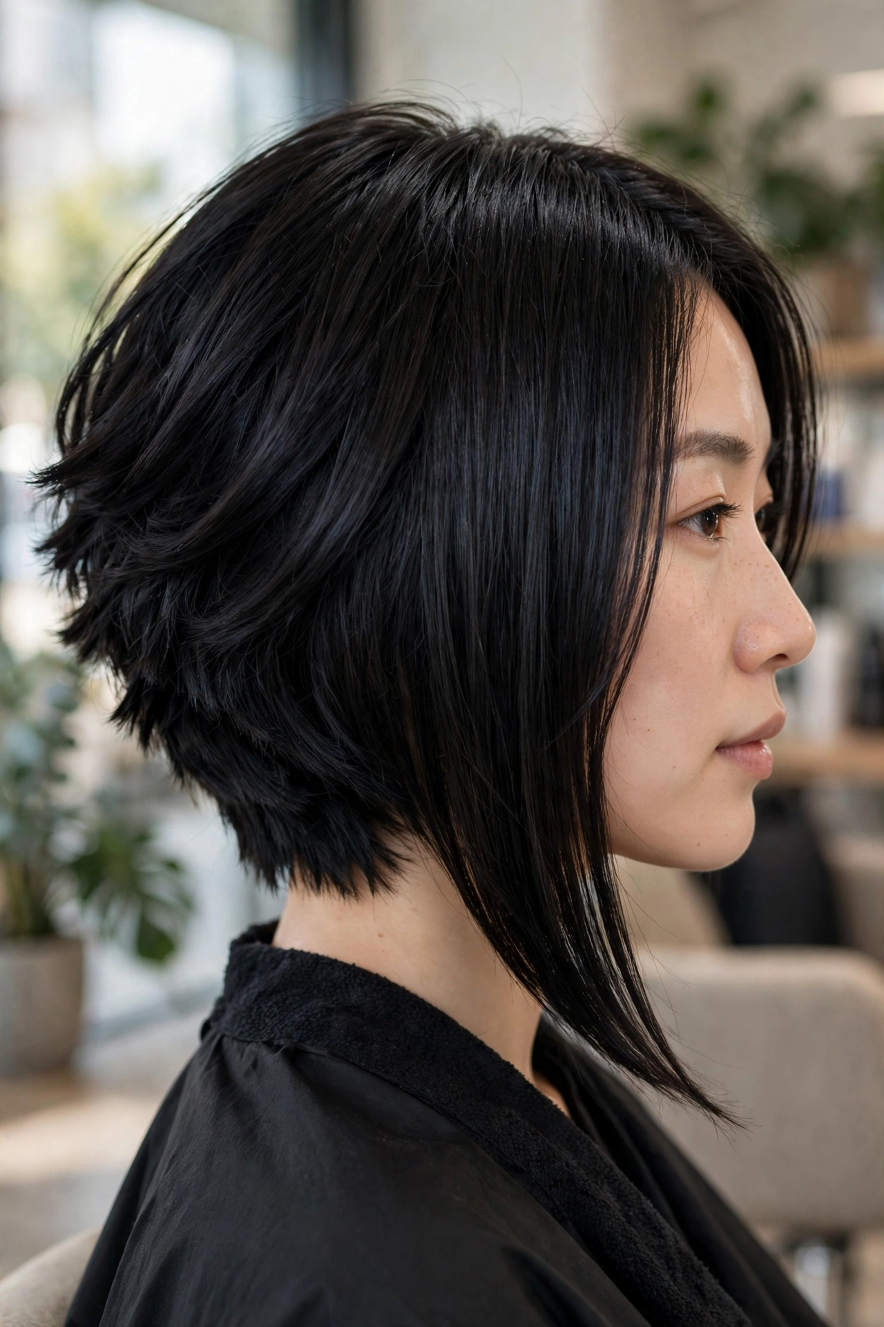 Angled A-line choppy bob for thick straight black hair, side profile