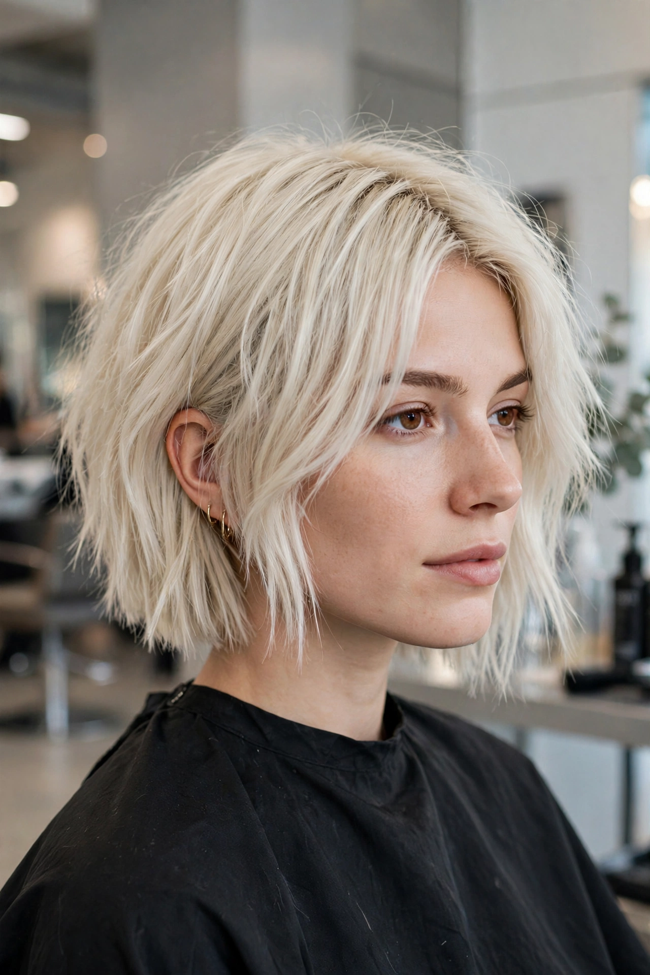 Edgy asymmetrical choppy bob for thick platinum blonde hair