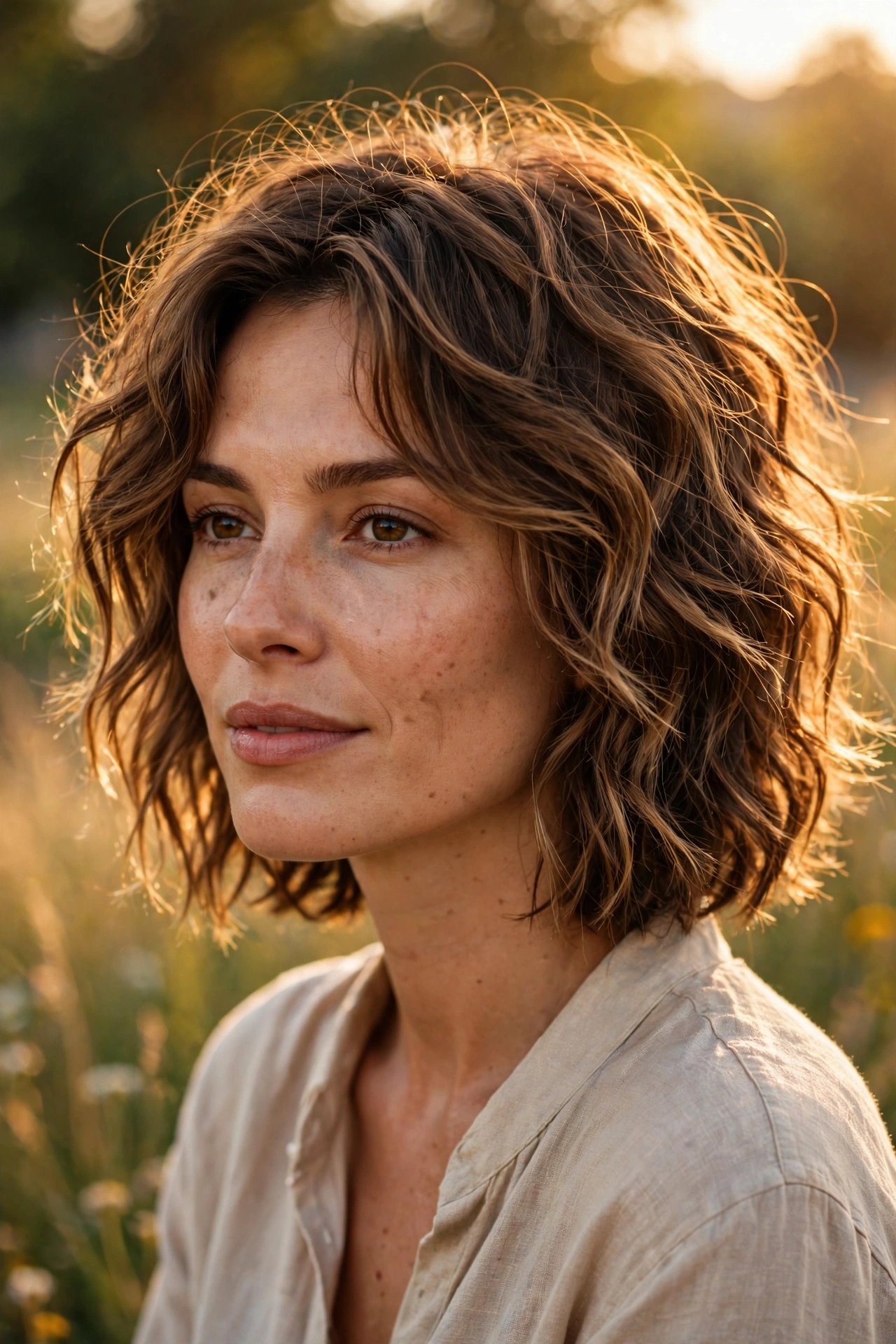 Beachy waved choppy lob for thick sun-kissed brown hair