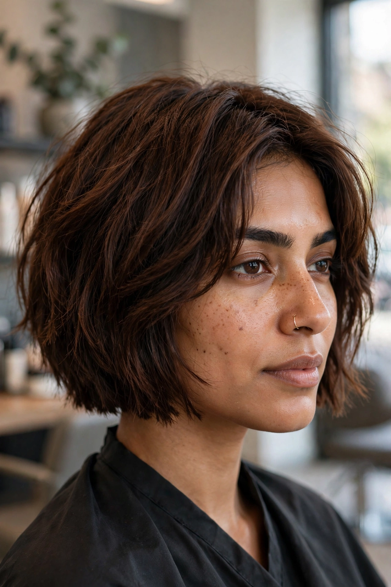Blunt-edge choppy hybrid bob for thick chestnut hair with textured interior layers