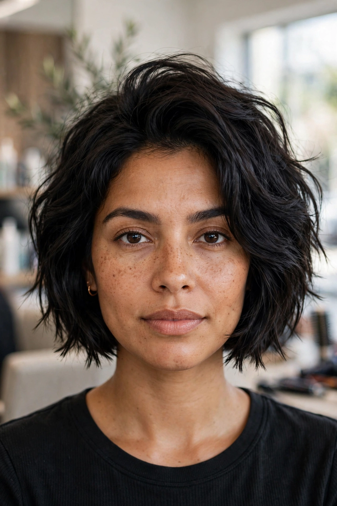 Chin-length boxy choppy bob for thick dark hair with piecey ends
