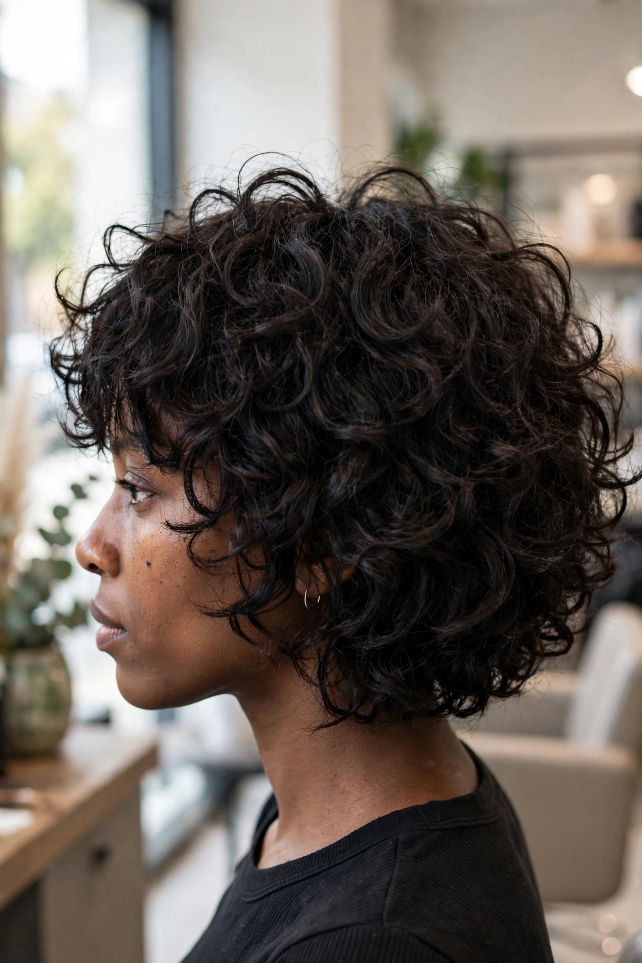 Voluminous curly choppy layered bob for thick curly hair, side view