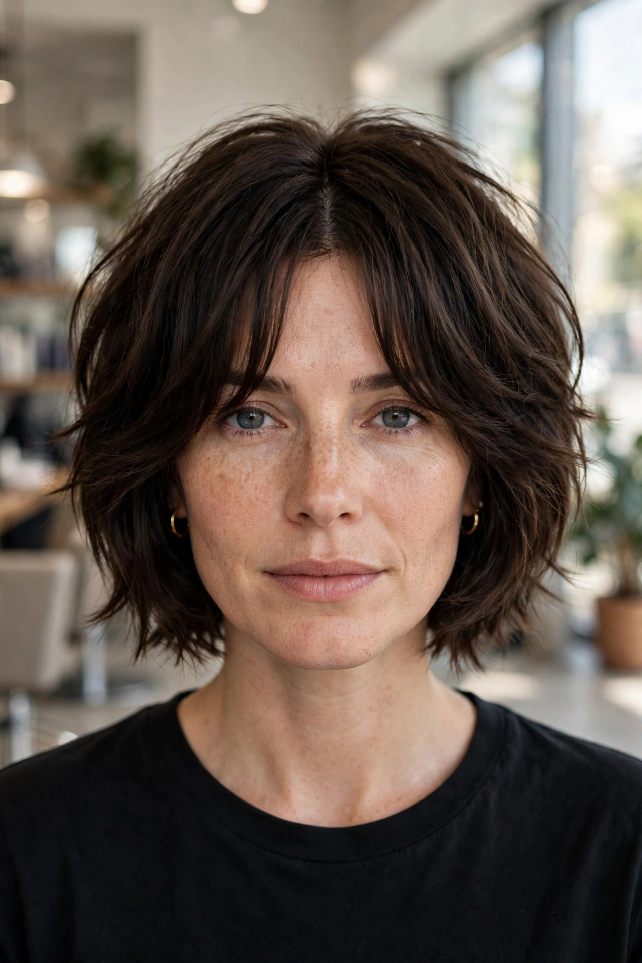 Choppy layered bob for thick brunette hair with curtain bangs