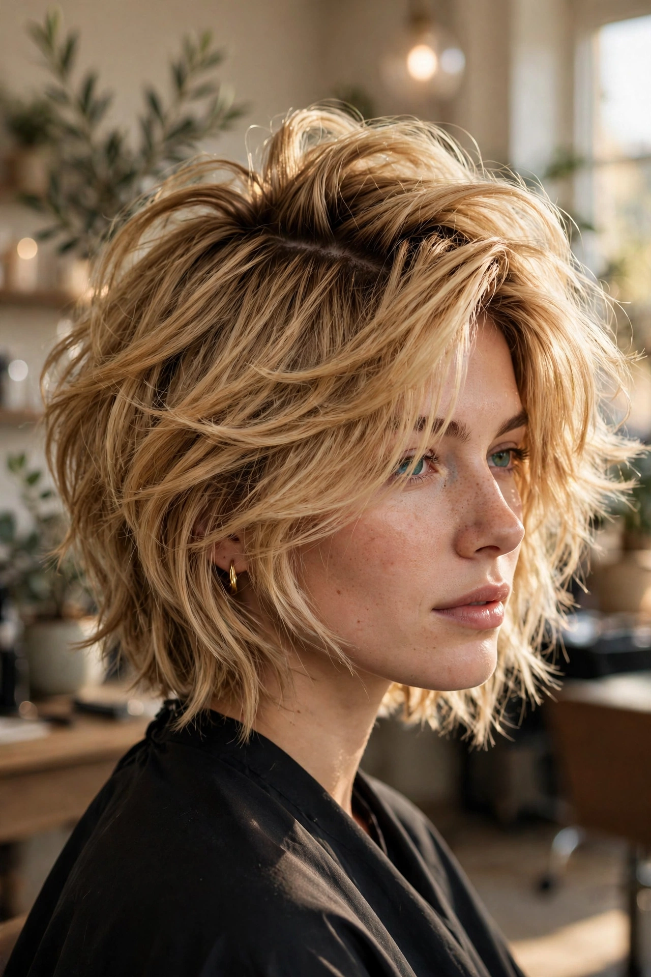 Choppy layered bob for thick honey-blonde hair with deep side part and root volume