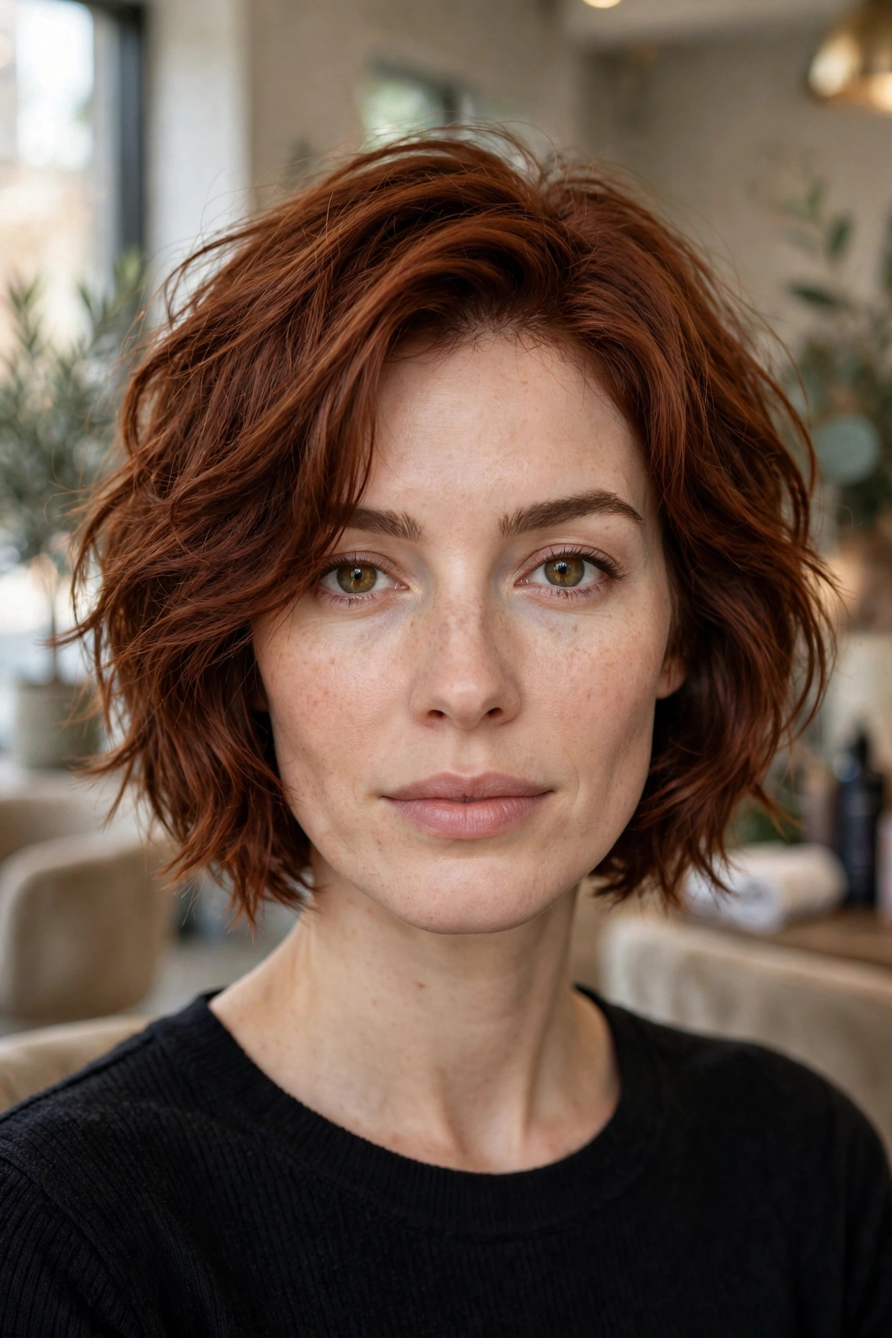Jaw-skimming French-inspired choppy bob for thick auburn hair, front view