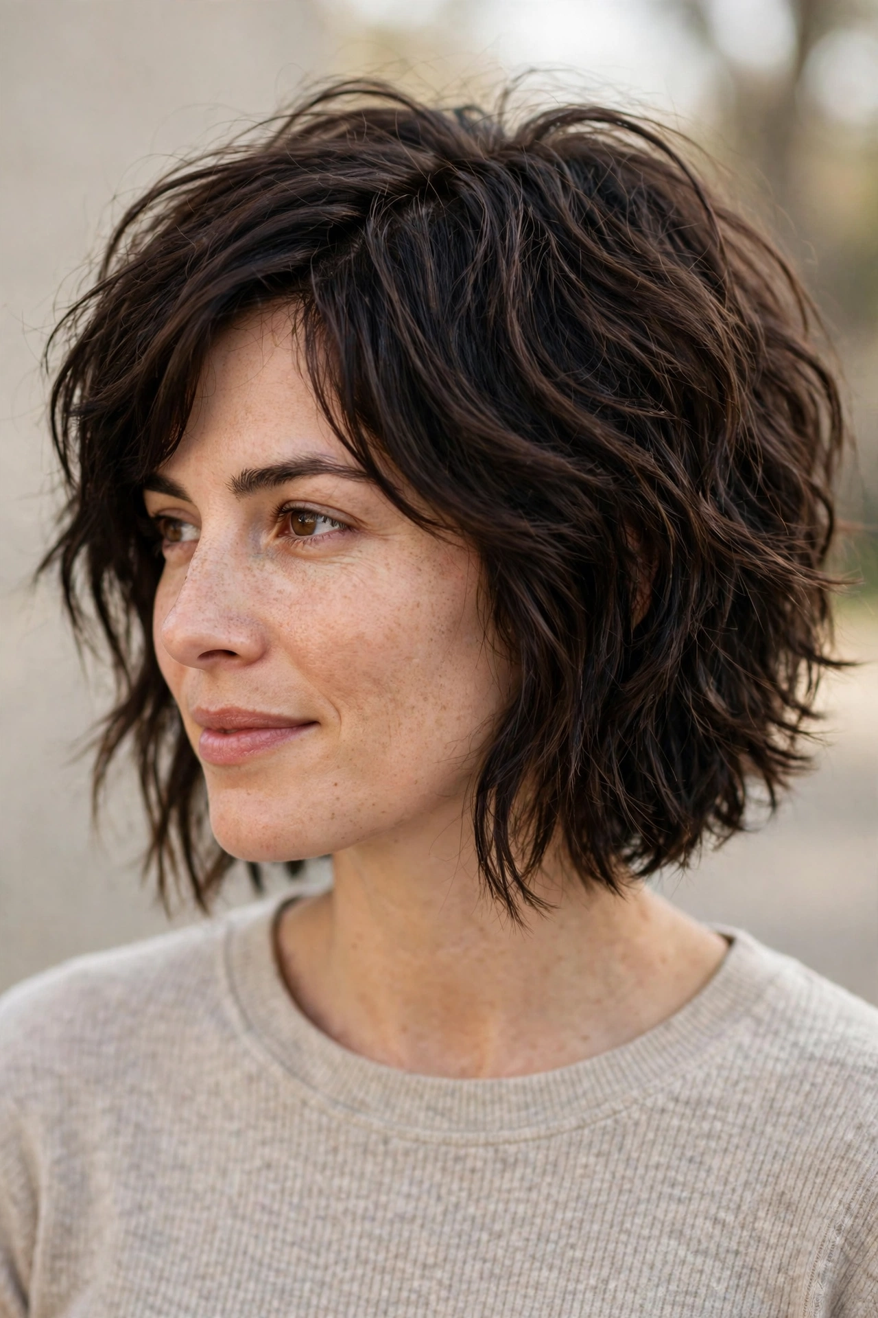Grown-out low-maintenance choppy layered bob for thick dark brown hair